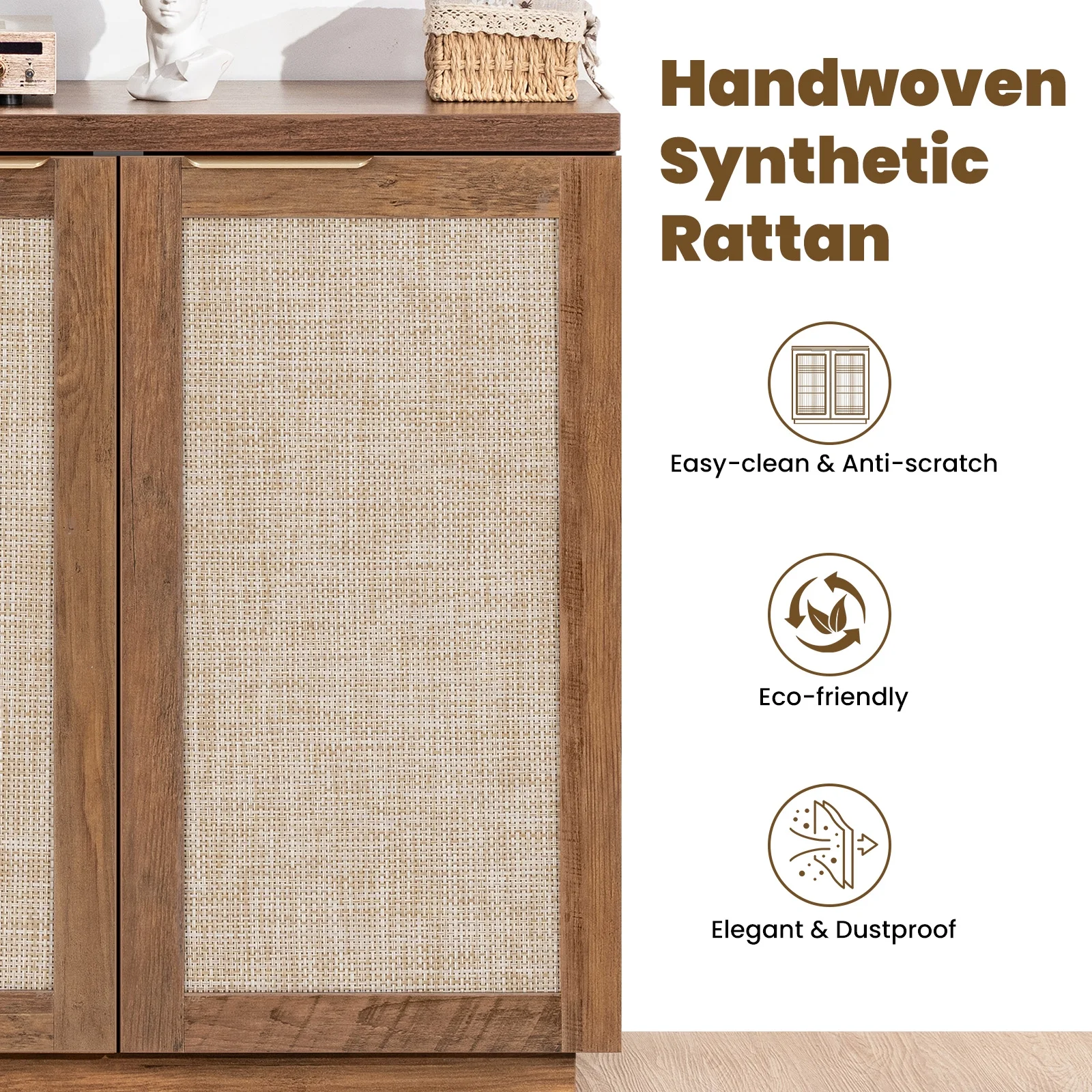Sideboard Buffet Cabinet Rattan Kitchen Storage Organizer with 5-Position Adjustable Shelf 2 Doors Boho Farmhouse Accent Cabinets TV Console for Living Dining Room Coffee Bar(31.5" x 15.55" x 31.5"/Single) - Image 3