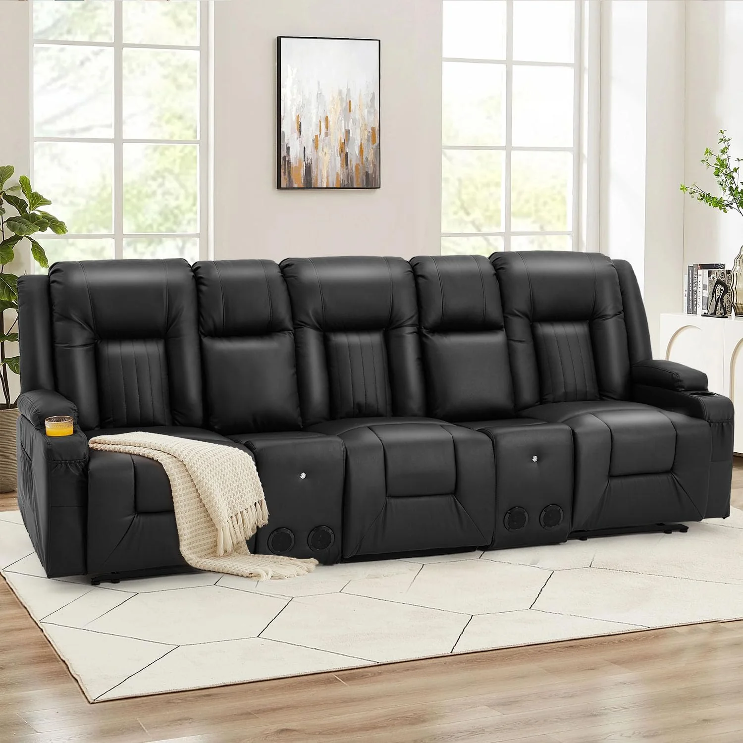 AECOJOY 3 Seater Recliner Sofa with 2 Console&Bluetooth Speakers, Black