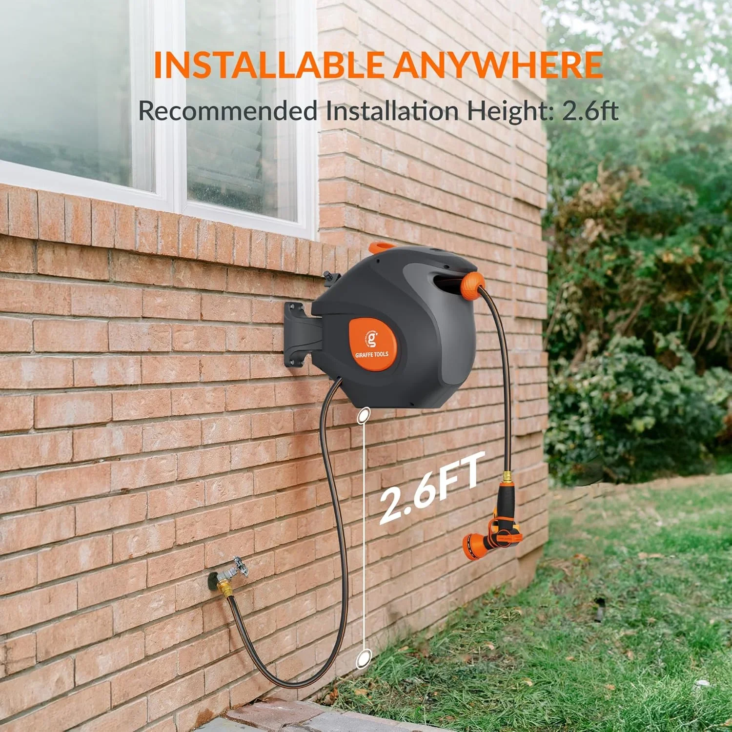 Giraffe Tools Retractable Garden Hose Reel with 1/2in-100ft Water Hose, Plastic Bracket, Wall Mounted, Dark Grey