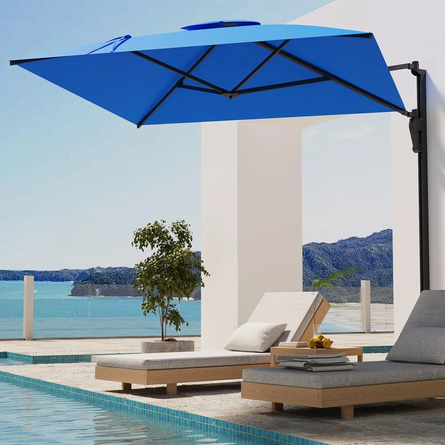 AECOJOY 10ft Cantilever Patio Umbrella, Large Rectangle Umbrella 180° Rotation Offset, Blue