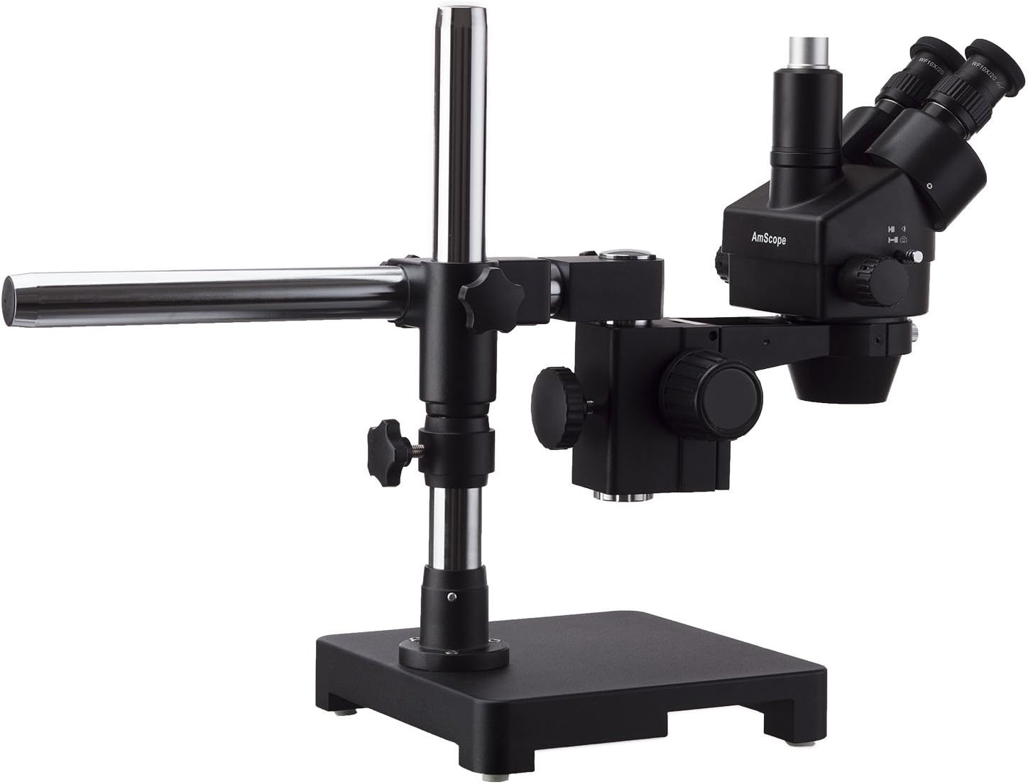 AmScope 7X-90X Black Trinocular Stereo Zoom Microscope on Single Arm Boom Stand + 144 LED Compact Ring-Light with 10MP USB3.0 Camera