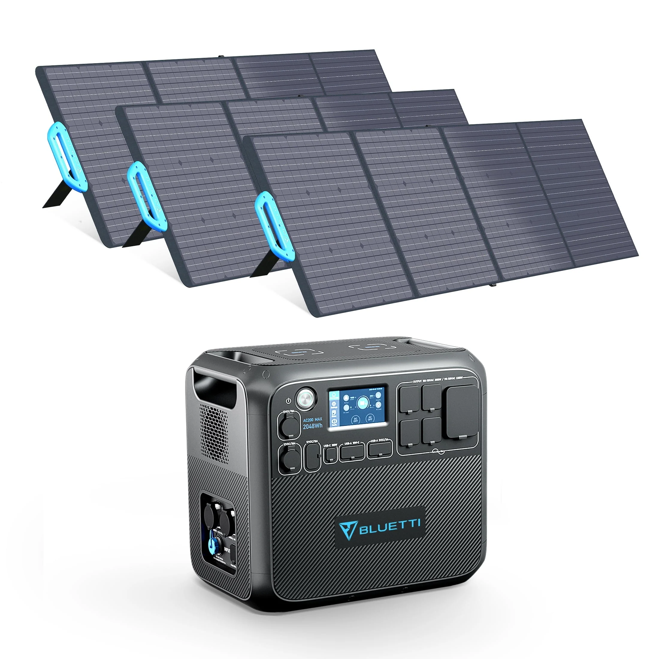 Bluetti Portable Solar Generator with 3 PV200 200W Solar Panels Included, AC200MAX 2048wh Power Station, LiFePO4 Battery Pack Expandable to 8192wh for Home Use, Trip, Emergency