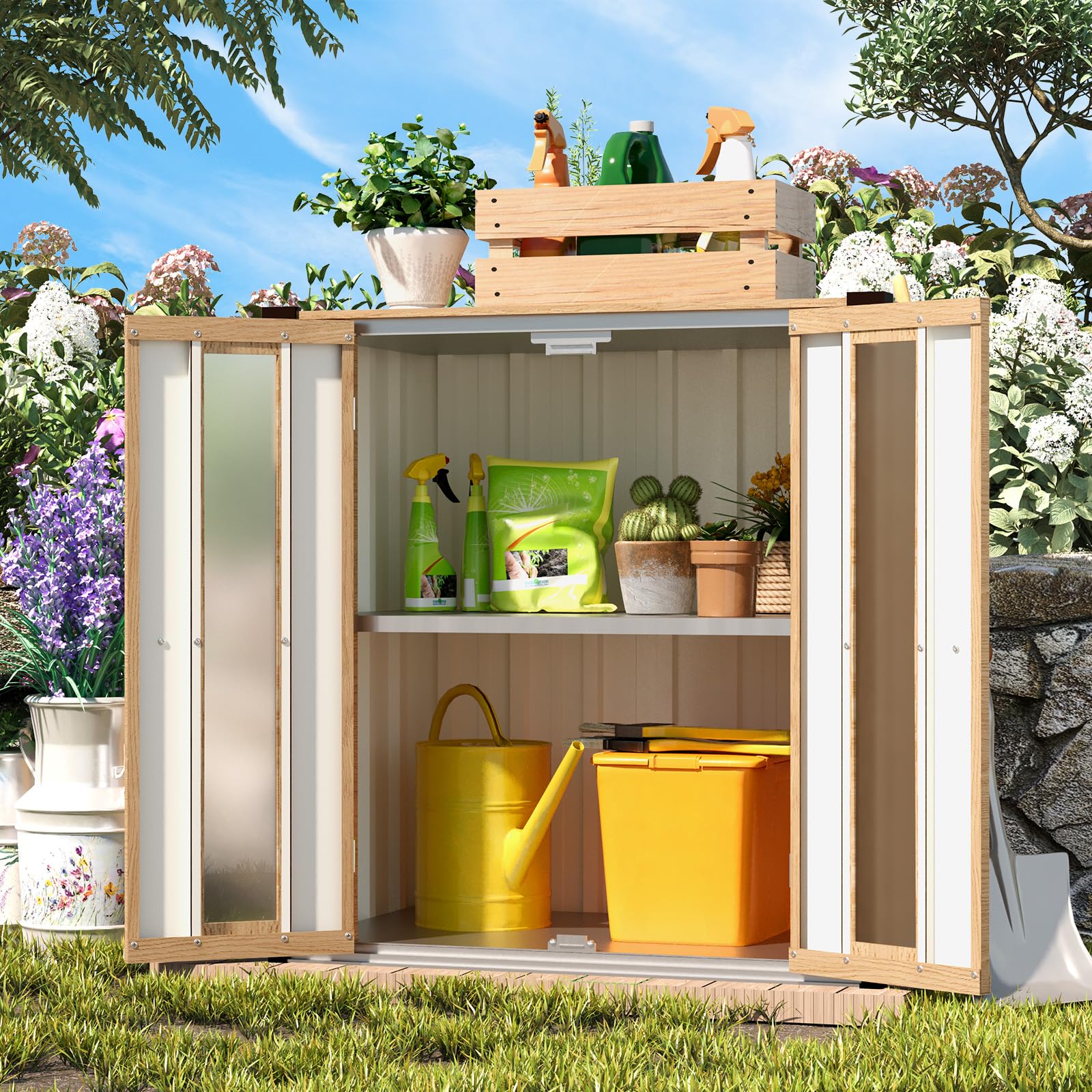 AECOJOY Small Outdoor Storage Cabinet Waterproof with Shelves, Vertical Garden Storage Sheds