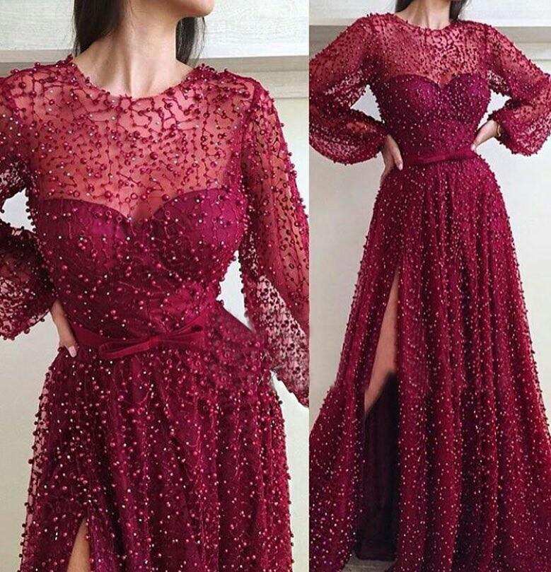 Cheap A Line Burgundy Long Sleeve Vintage Split Prom Dress DME95