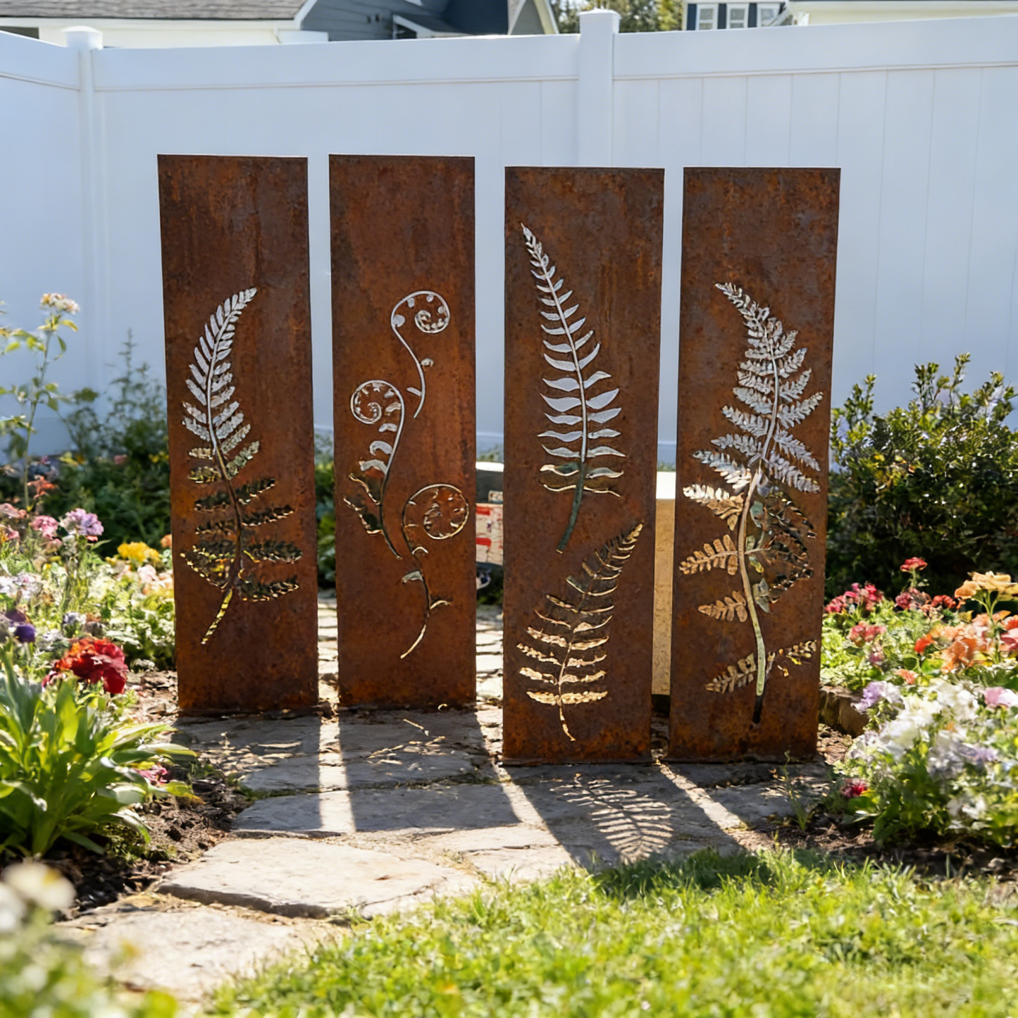 Hand-Welded Rustic Elegant Iron Fern Panel Privacy Screen - 4 Pcs