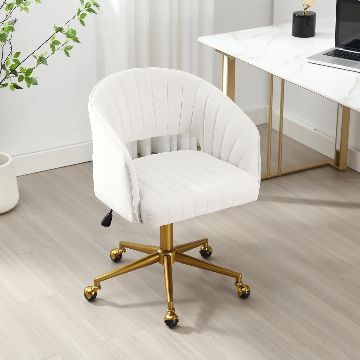 Home Office Swivel Desk Chair, Modern Velvet Vanity Chair, Height Adjustable Armchair with Gold Base, Ergonomic Office Chair for Task Study Computer Room, Beige(Beige) - Image 3