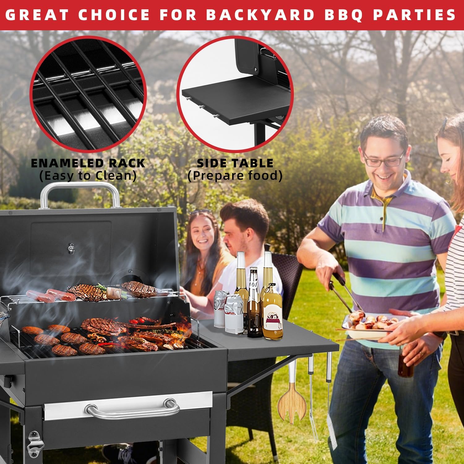 Kendane Charcoal Grill with Side Shelf, 353 Square Inch Cooking Area