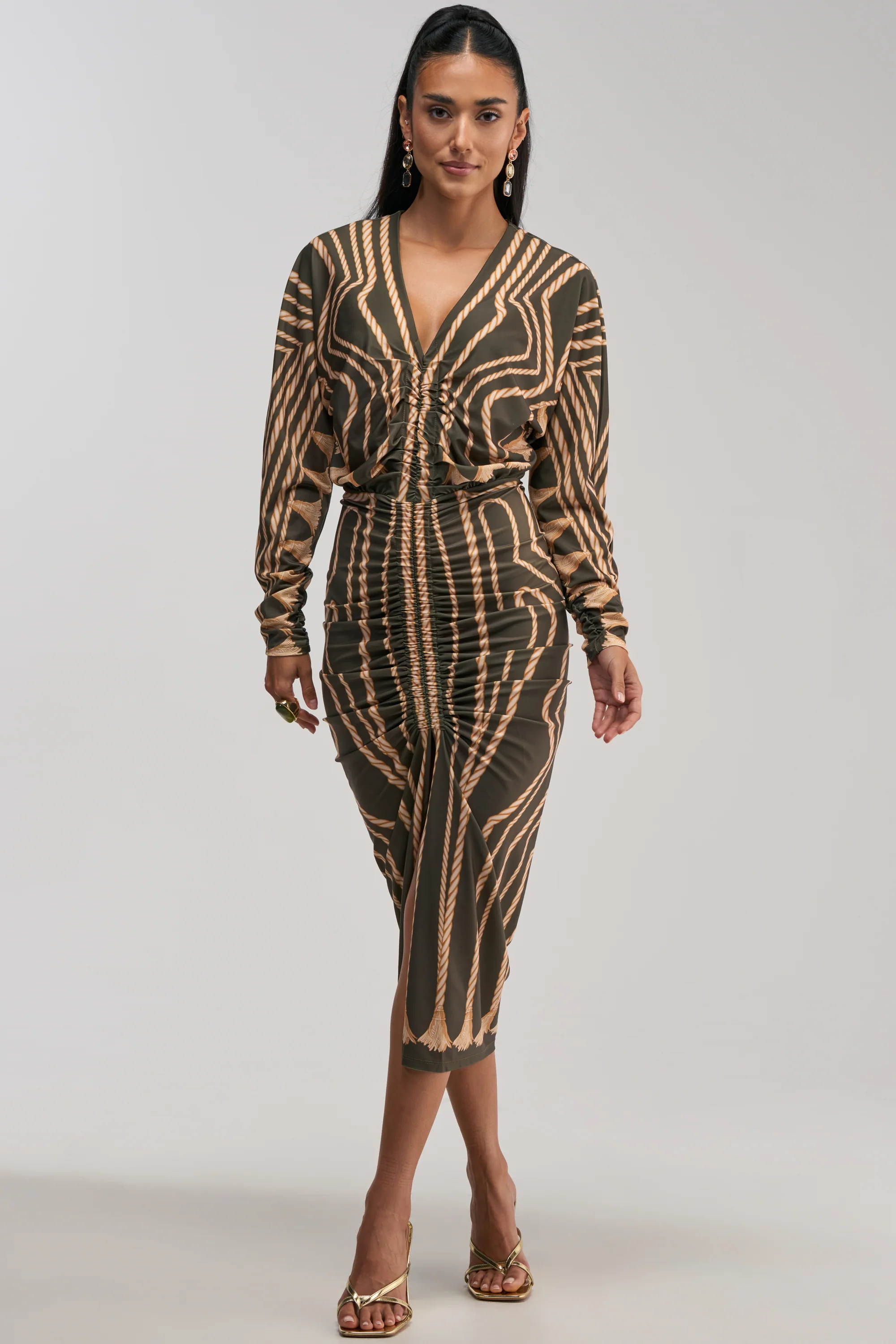 RESERVATIONS ONLY PRINTED MIDI DRESS IN OLIVE - Akira Store