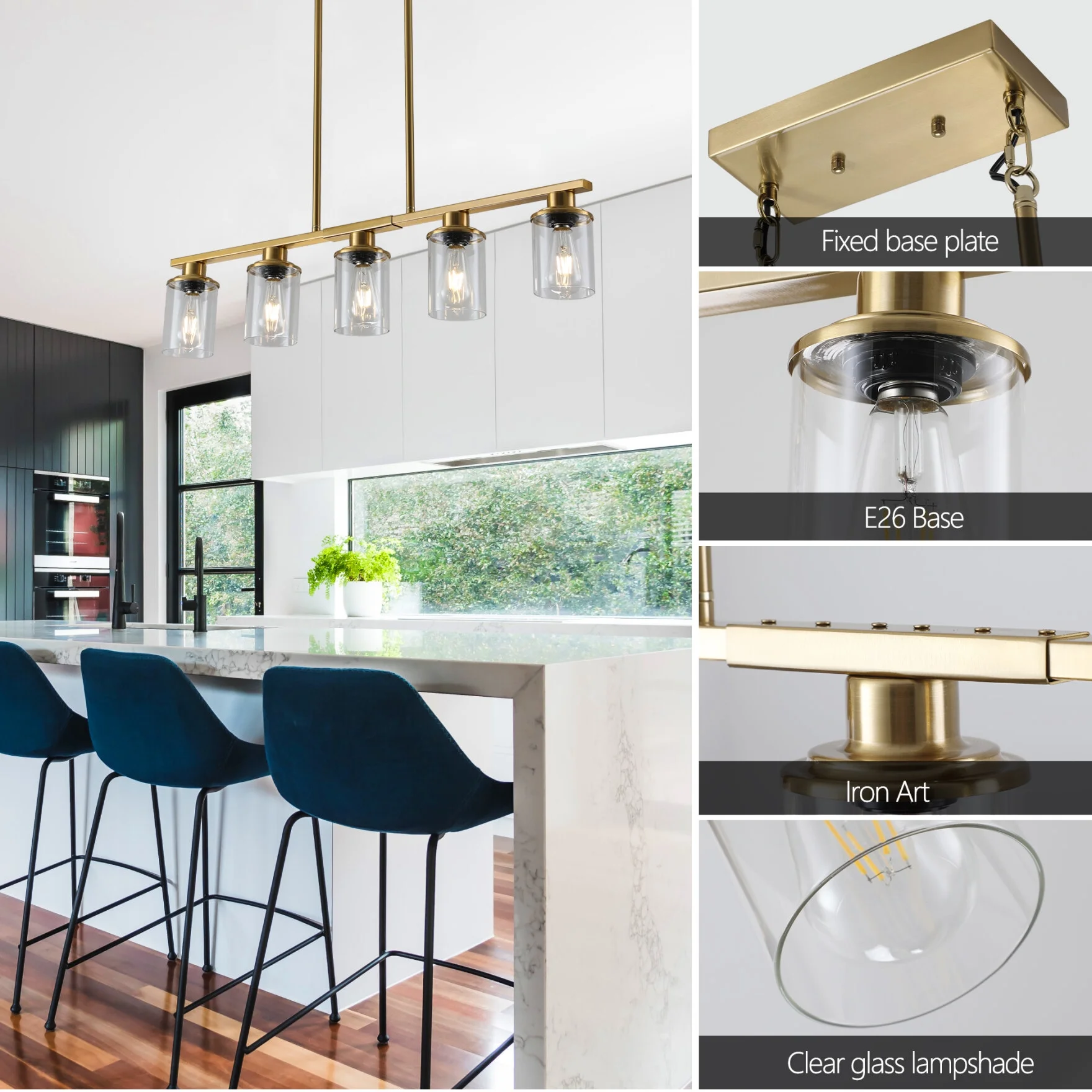 5-Light Kitchen Island Pendant Light, Farmhouse Industrial Chandeliers with Two Metal Rod Supports, Rectangular Island Lights for Kitchen, Living Room, Walnut/Black
