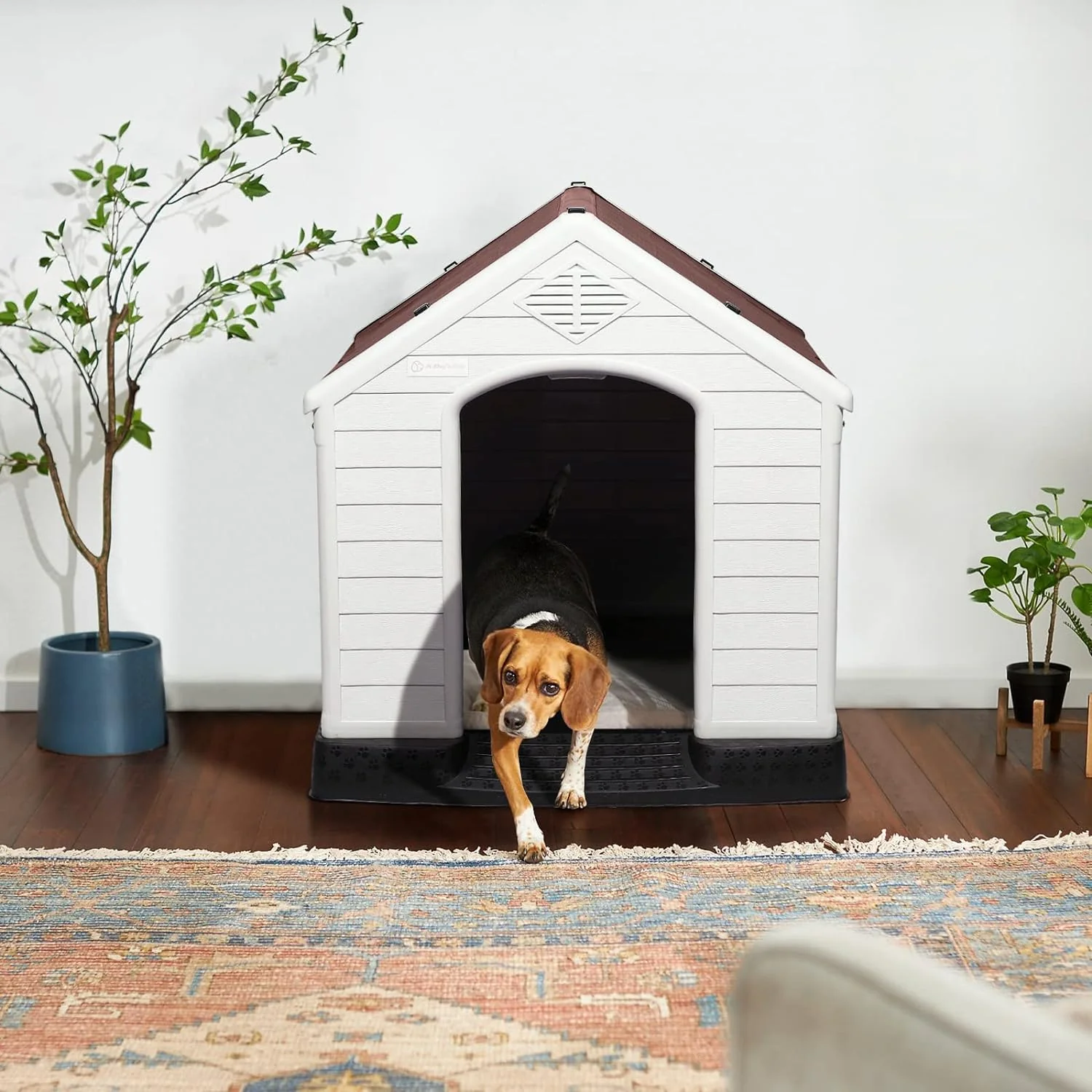 Durable Waterproof Plastic Dog House for Small to Large Sized Dogs, Indoor Outdoor Doghouse Puppy Shelter with Elevated Floor, Easy to Assemble (Gray, 42''L*38''W*39''H)