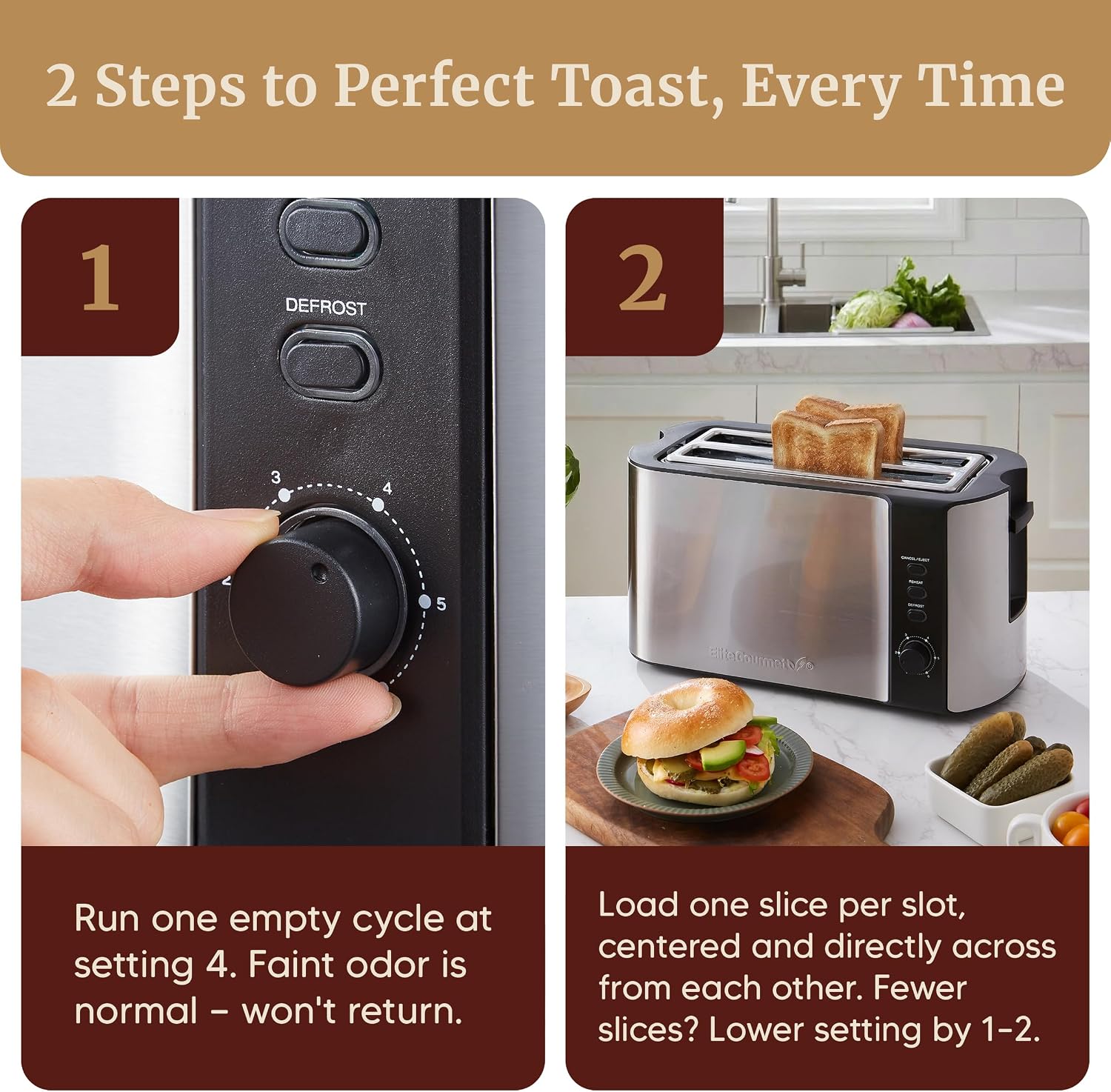 Elite Gourmet ECT-3100 4-Slice Long Slot Toaster, Stainless Steel| Extra-Wide Slots Fit Bagels, Sourdough & Texas Toast, 6 Browning Settings, Reheat, Defrost & Cancel, Built-In Warming Rack