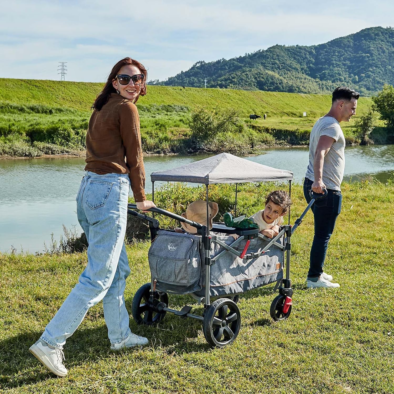 BusyBee Foldable Stroller Wagon for 2 Kids, Dual 5-Point Harnesses, Gray