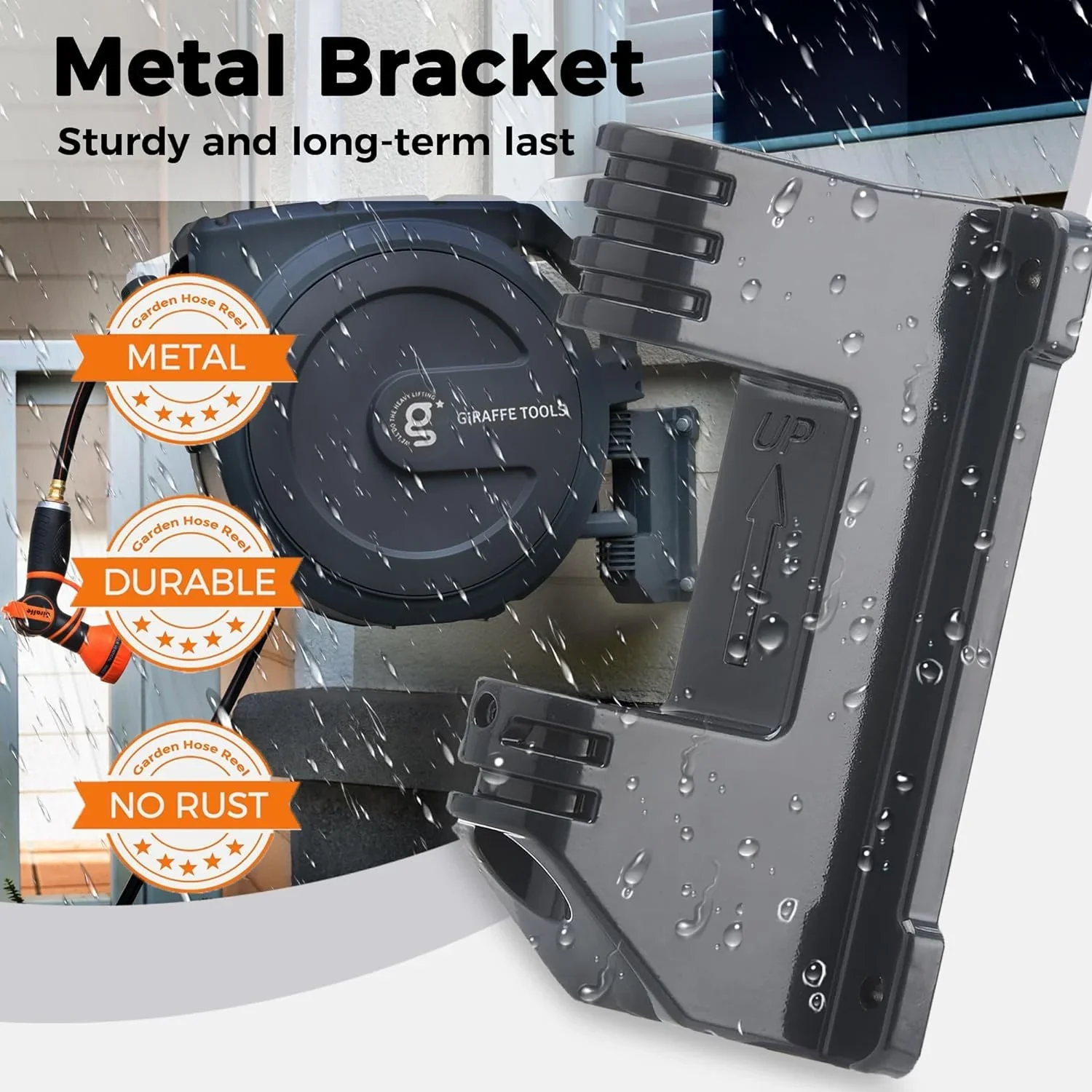 Giraffe Tools Retractable Garden Hose Reel with 1/2in-78ft Hose, Metal Bracket, Wall Mounted, Dark Grey
