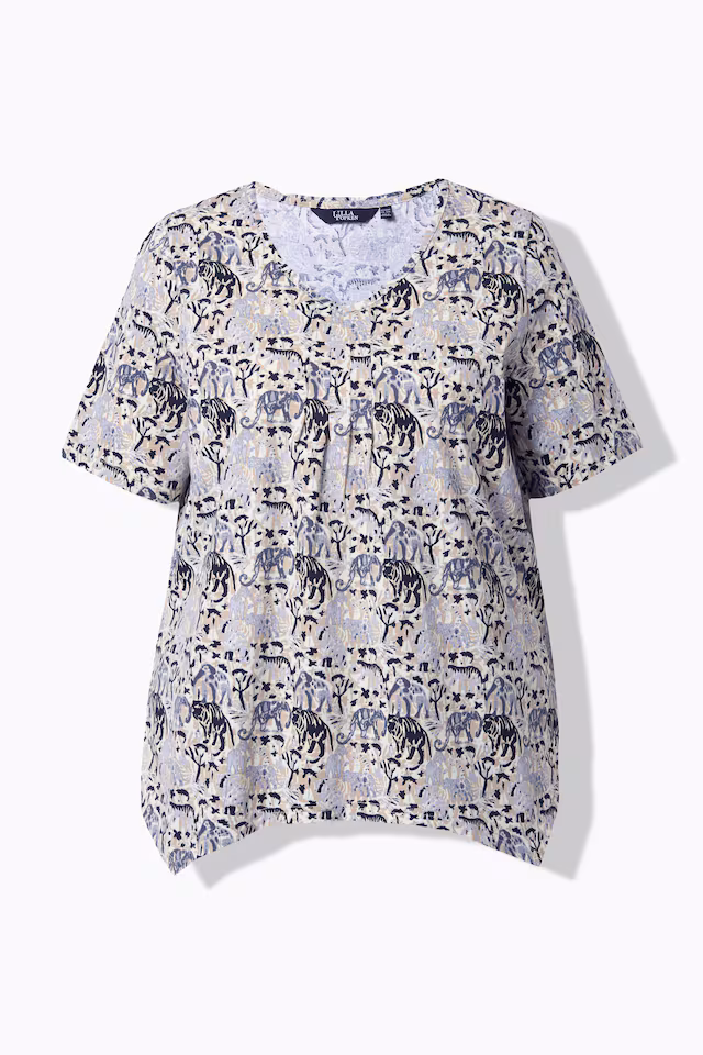 Half-sleeve A-line V-neck pointed hem animal pattern T-shirt