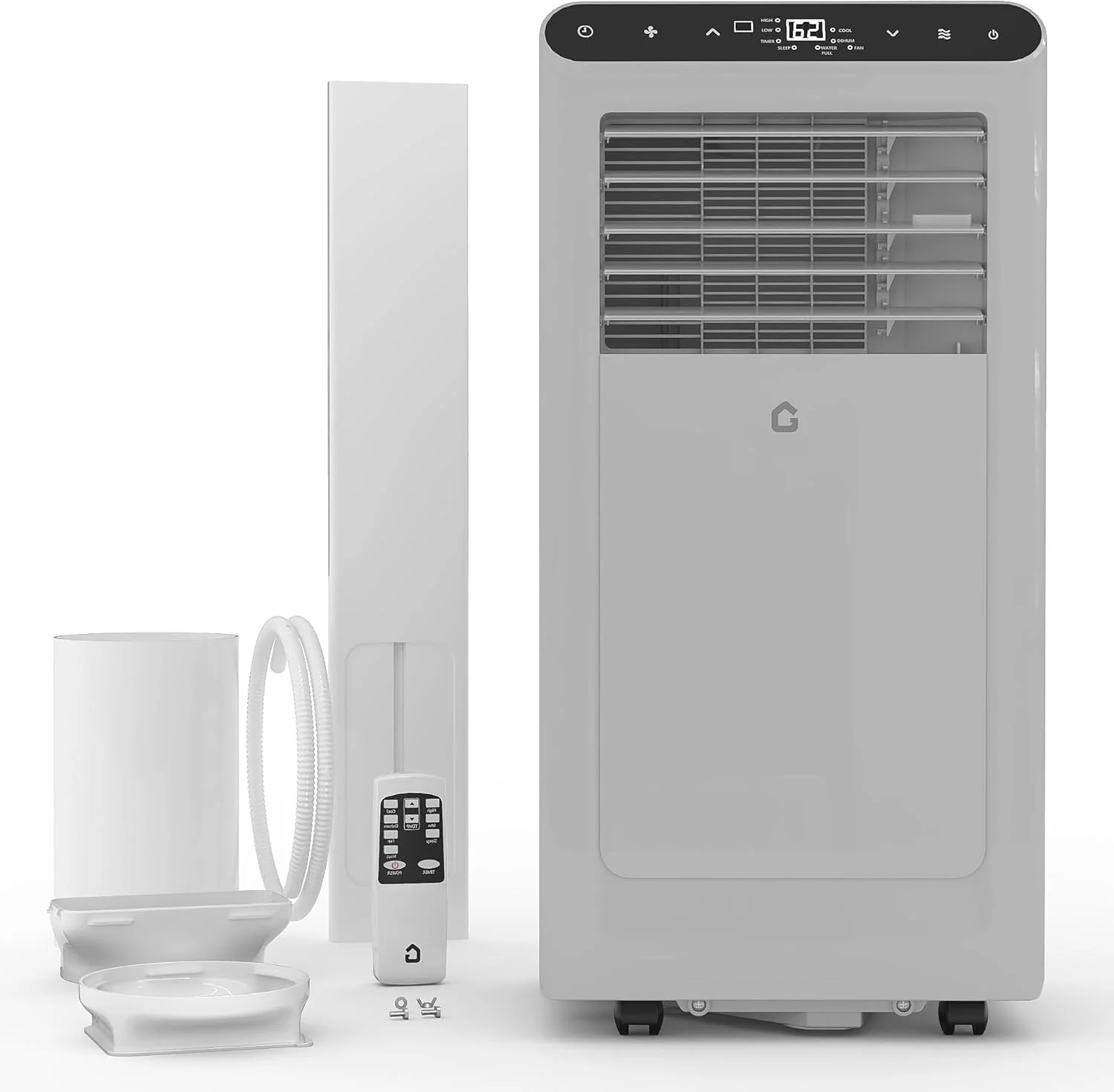 Climatiseur portable Garvee 8000 BTU, jusqu'à 350 pi² (32,5 m²). Télécommande, 48 dB, déshumidificateur, ventilateur, mode sommeil, minuterie 24 h et kit d'installation inclus. Certifié DOE, CEER 6.2, panneau blanc et noir.