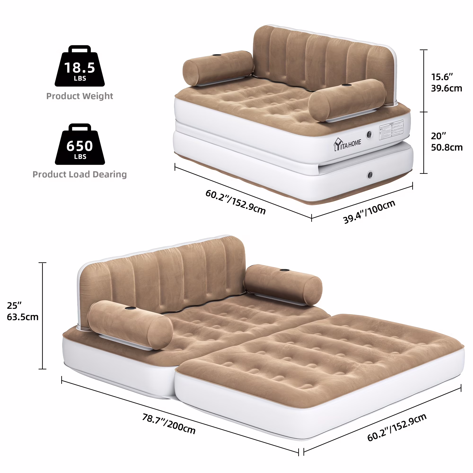 Inflatable Air Sofa Bed 2-in-1 Backrest Couch Airbed With Headboard And Pump Convertible Blow Up Bed Mattress For Home, Camping, And Guests, Living Room Furniture, Queen Size(Black+gray) - Image 4