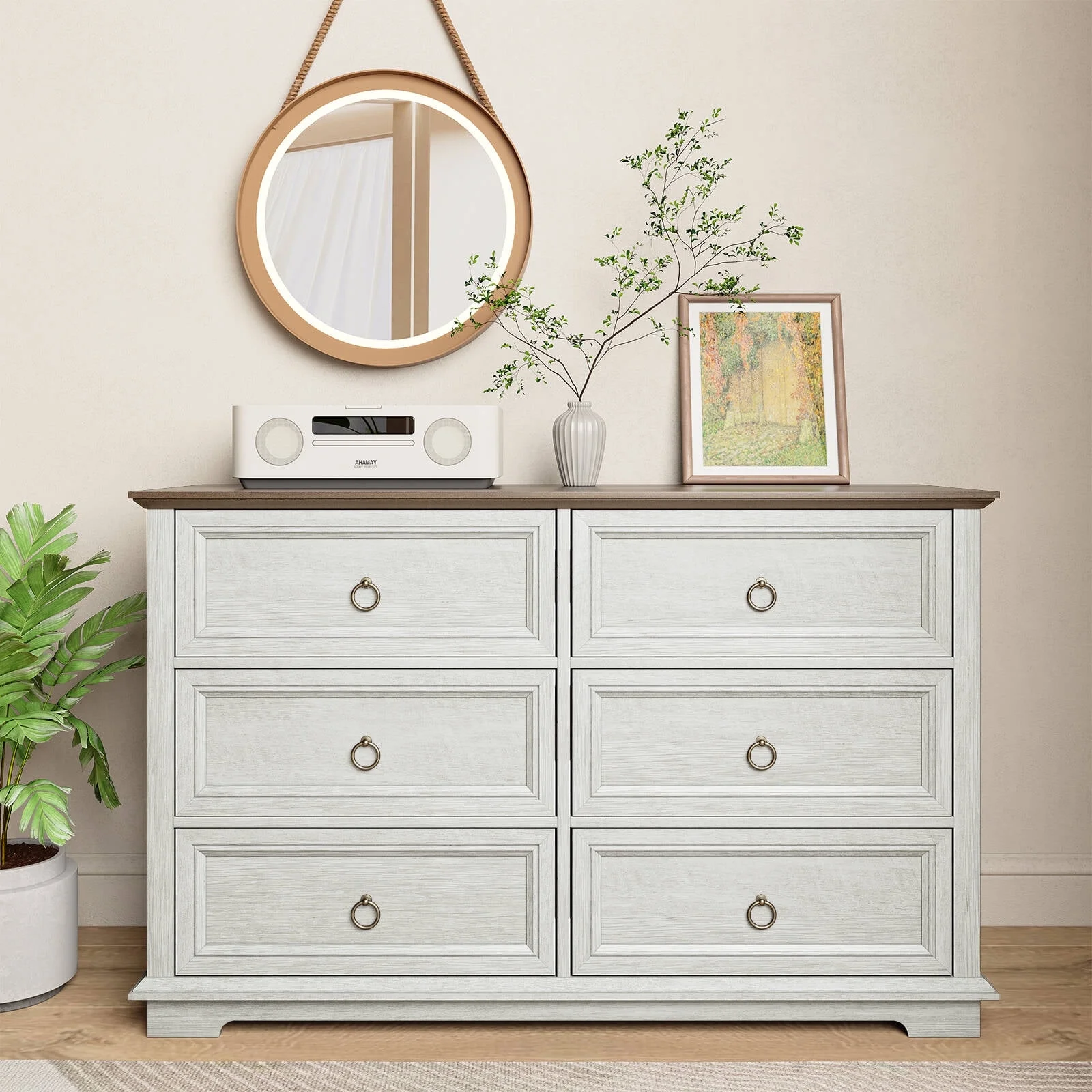 6 Drawers Dresser for Living Room,Storage Cabinet Wooden Dressers Organizer for Bedroom,White(Horizontal/White) - Image 8