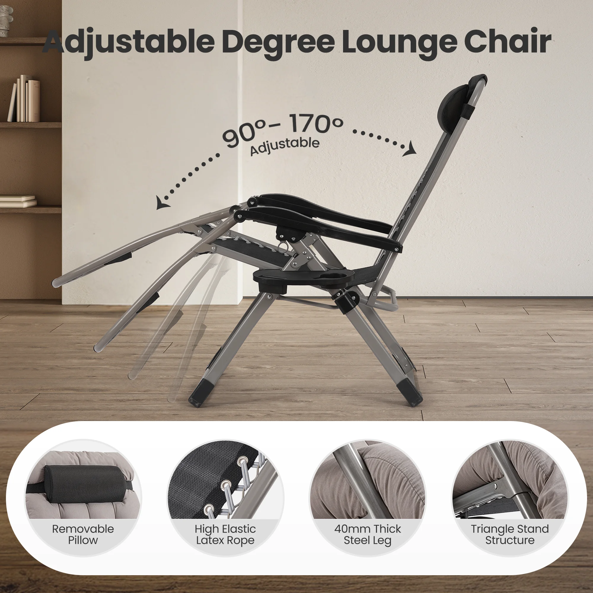 Zero Gravity Chair, Outdoor Foldable Padded Lounge Chair Recliner with Side Table, 353lbs Lounge Chair Sleep Relaxing, Winner - Image 6