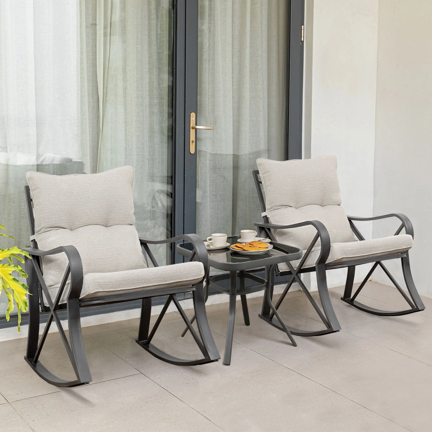 COSIEST 3 Piece Metal Bistro Set with Beige Cushions, Coffee Table Image 3
