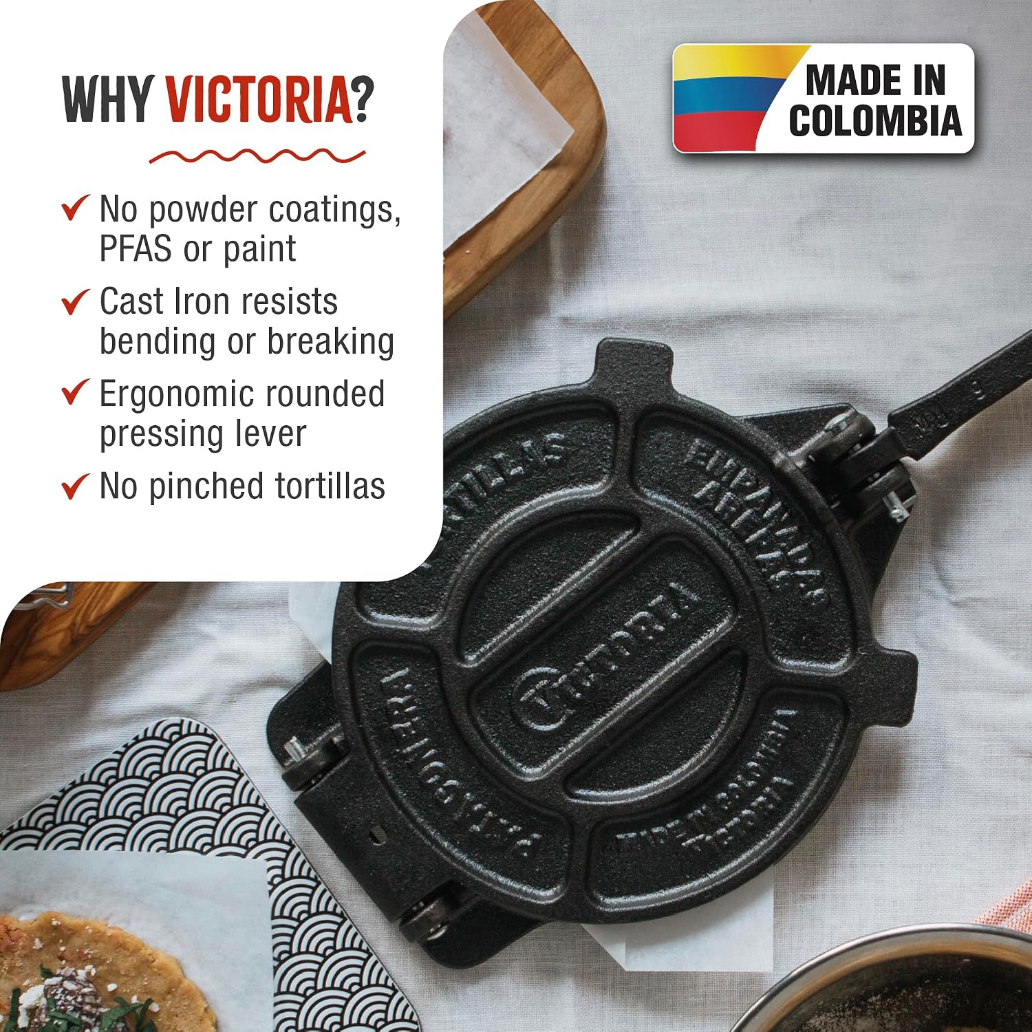Victoria 8 Inches Cast Iron Tortilla Press, Roti Maker and Tortilladora, Pataconera Seasoned with Flaxseed Oil, Made in Colombia, Traditional Style, Black| Pataconera, Seasoned with Flaxseed Oil, Made in Colombia, Traditional Style, Black
