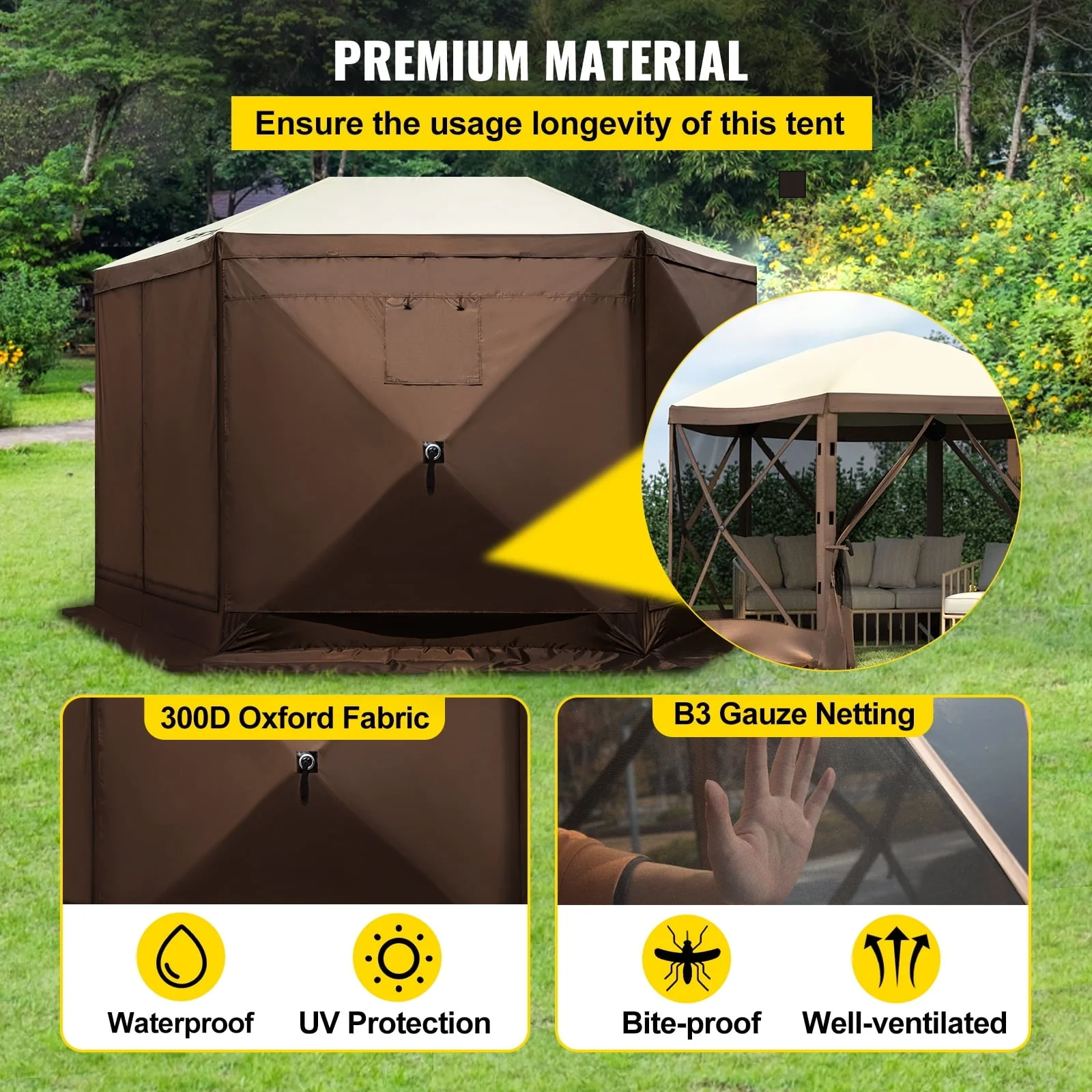 Camping Gazebo Tent, 12'x12', 6 Sided Pop-up Canopy Screen Tent for 8 Person Camping, Waterproof Screen Shelter w/Portable Storage Bag, Ground Stakes, Mesh Windows, Brown Beige - Image 5