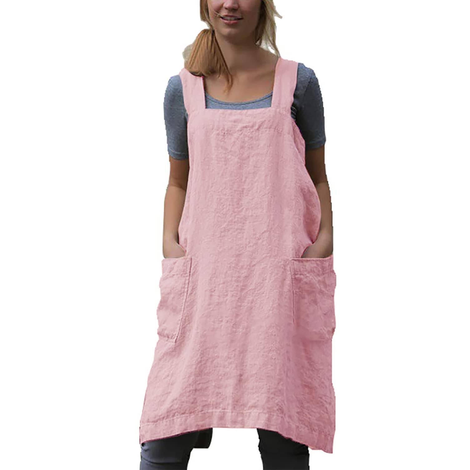 YESDOOD Cotton Linen Apron Cross Back Apron for Women with Pockets Pinafore Dress for Baking Cooking
