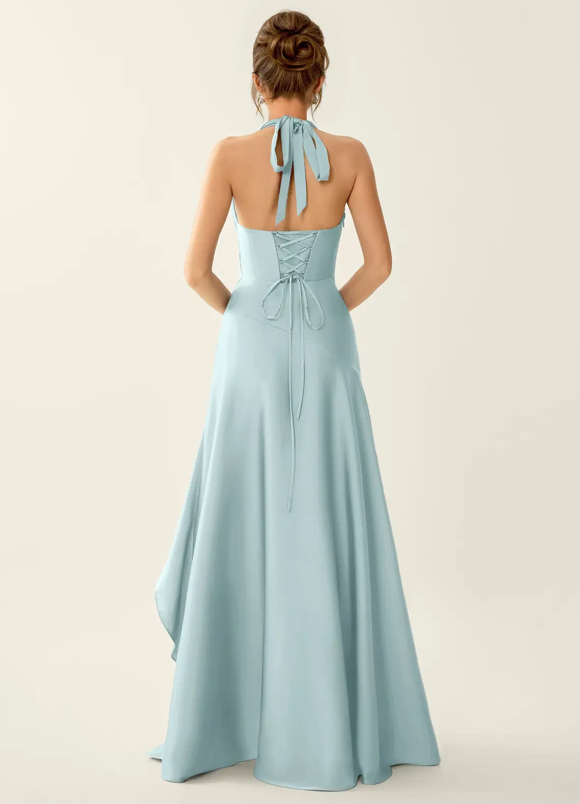 Titania Mist Satin V-neck Ruffled Prom Dress