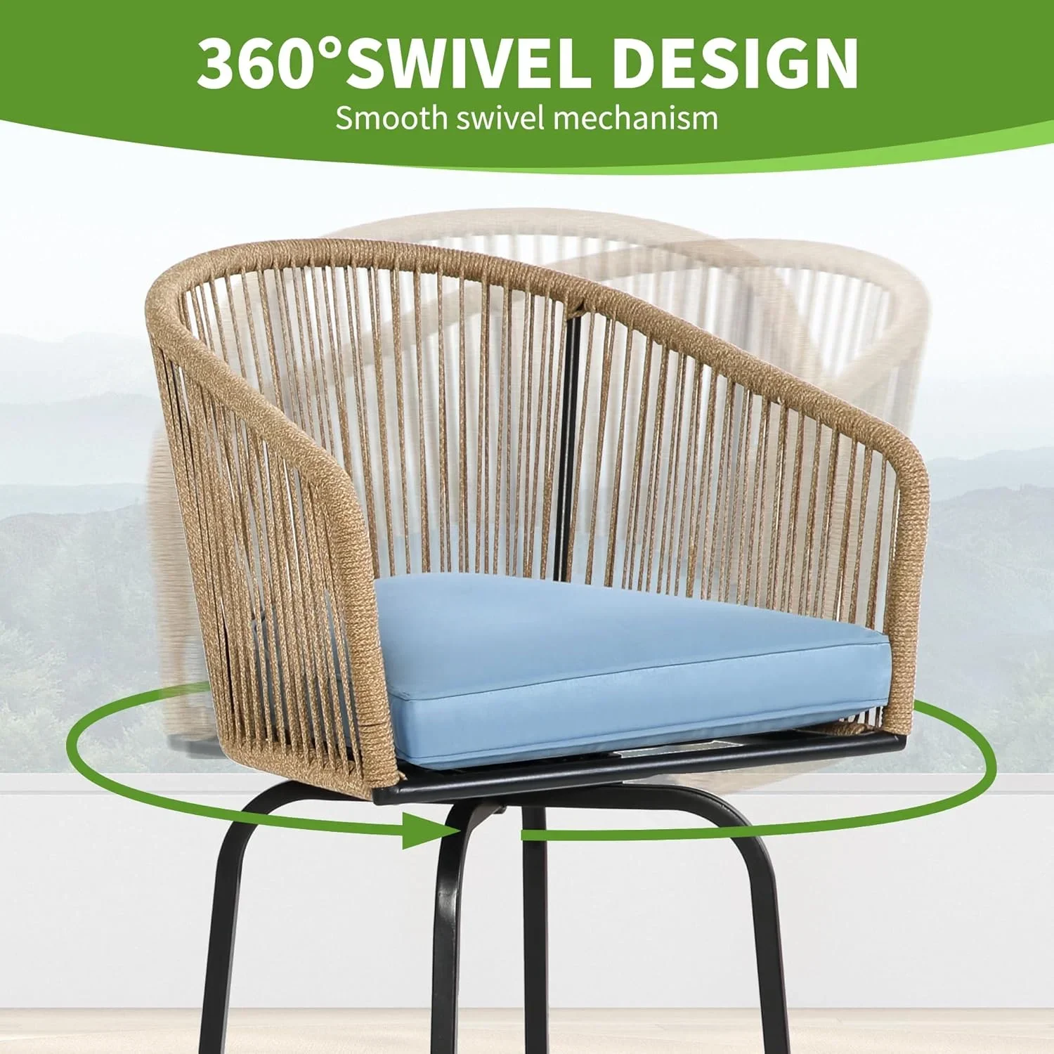 Villeston Outdoor Bar Stool Set of 2, Rattan with Backrest for Backyard, Garden Pool, Balcony- Blue