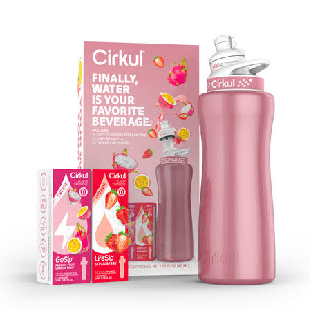 Cirkul 32oz Rose Gold Stainless Steel Water Bottle Starter Kit with Rose Gold Lid and 2 Flavor Cartridges (Strawberry & Passion Fruit Dragon fruit)
