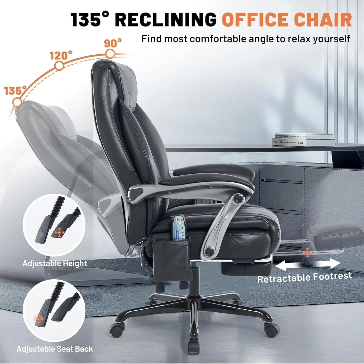 Fauteuil de bureau massant avec chauffage et repose-pieds, fauteuil de bureau ergonomique inclinable de direction