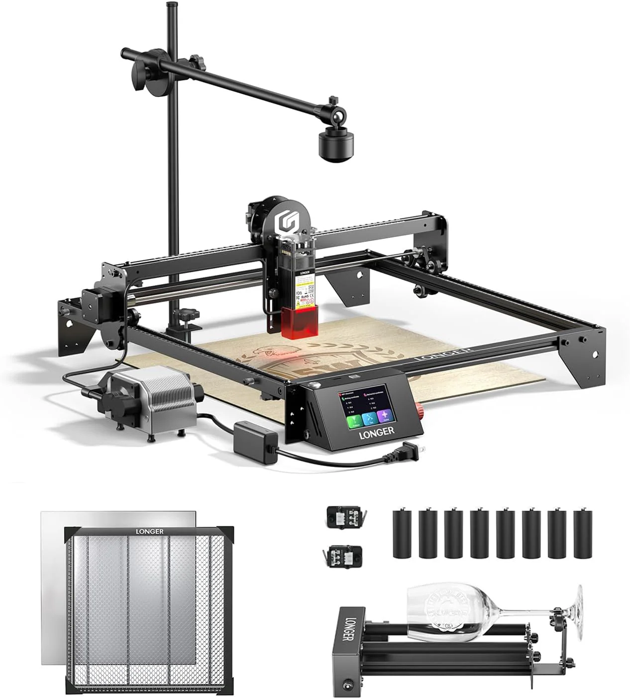 Découpeuse et graveuse laser RAY5 5W de plus, pour gobelets, avec rouleau rotatif, plateau de travail alvéolé de 44 x 44 cm, kit caméra et pompe à air. Graveuse laser pour bois, métal et acrylique.