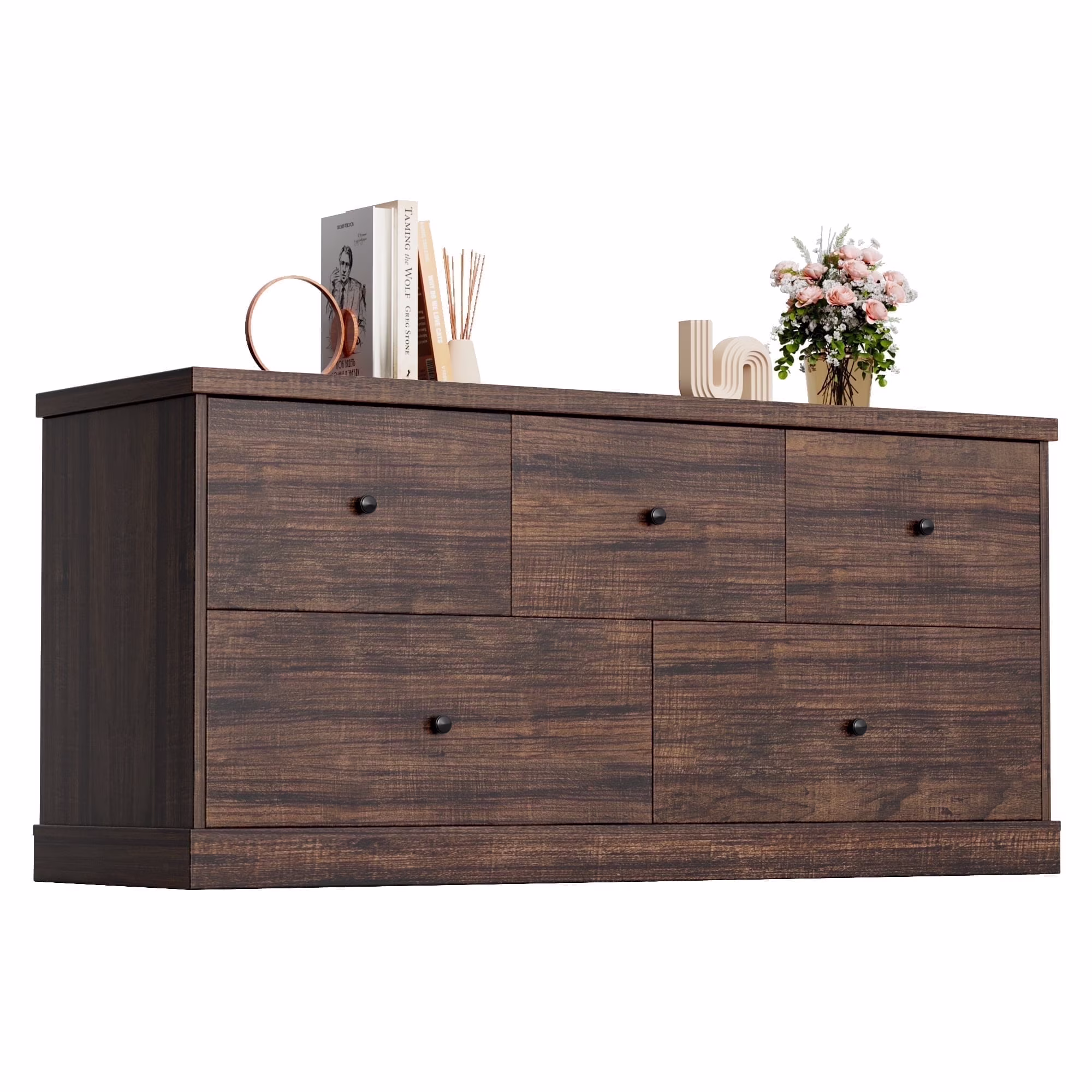 5 Drawer Dresser Wood Storage Cabinet Double Tier Chest of Drawer TV Stand for Bedroom, Living Room, Black(Short/Black) - Image 5