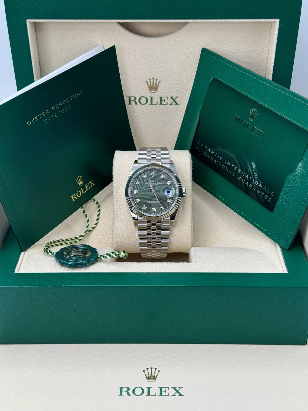 [Super Clone]RLX  Datejust 36mm 126234-0055 Olive Green Palm Motif Diamond Dial Jubilee Stainless Steel Watch