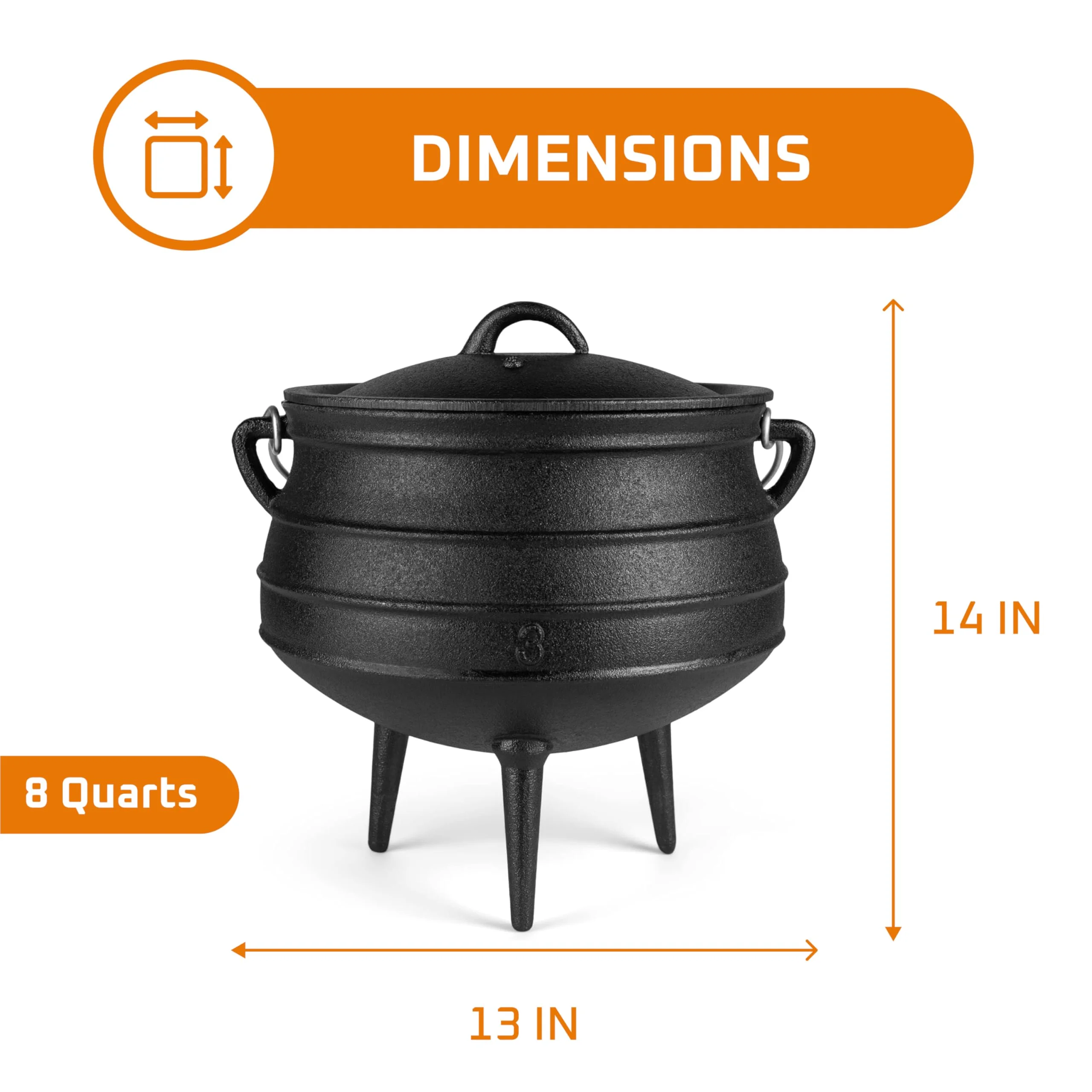 8-Quart Pre-Seasoned Cast Iron Cauldron African Potjie Pot with Lid 3-Legged Pot for Even Heat Distribution Outdoor Cast Iron Dutch Oven Cookware for Campfire Cooking and Boiling - Image 3