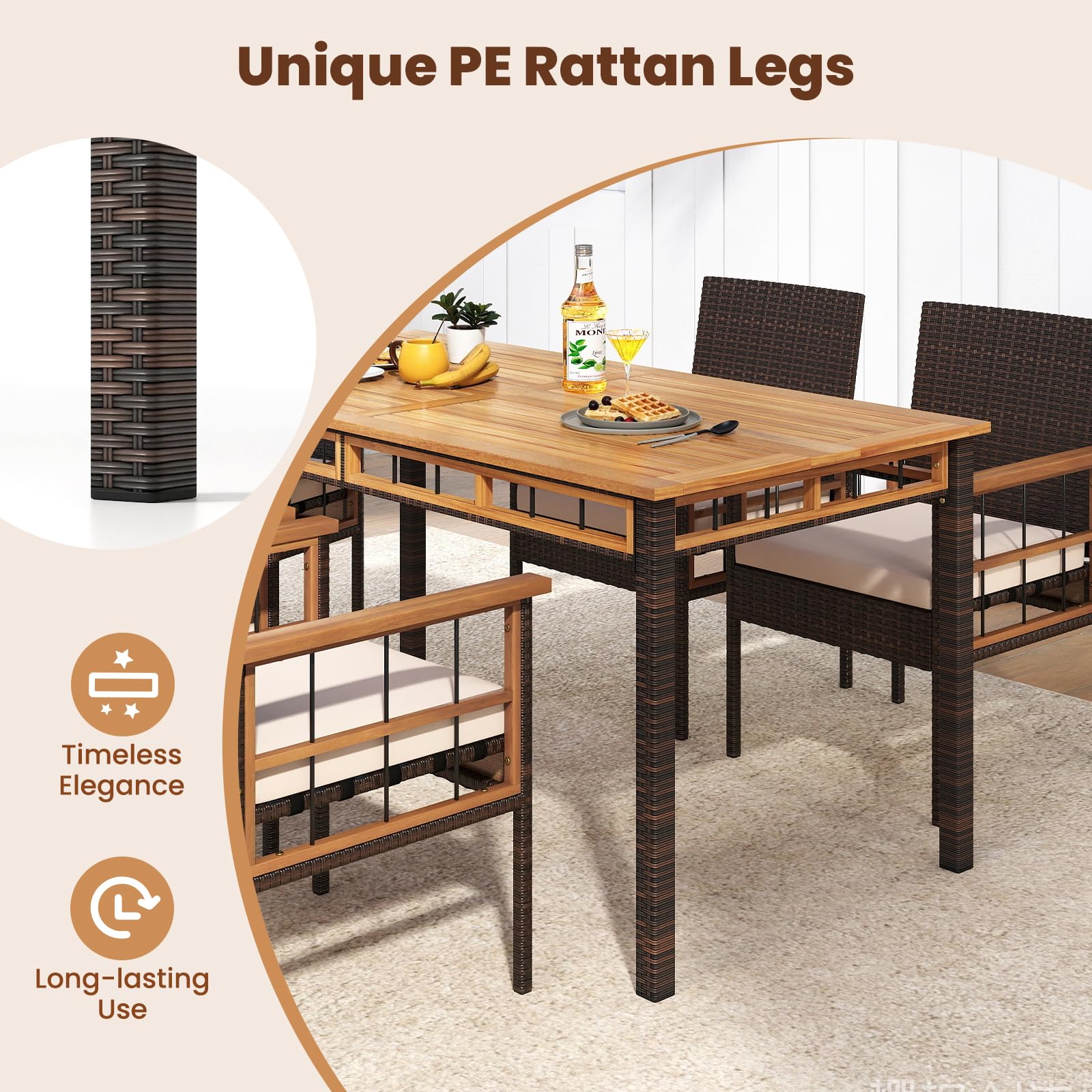 Tangkula 6 Pieces Patio Dining Table Set with 1.97” Umbrella Hole & Cushioned Backless Bench & 4 Armchairs