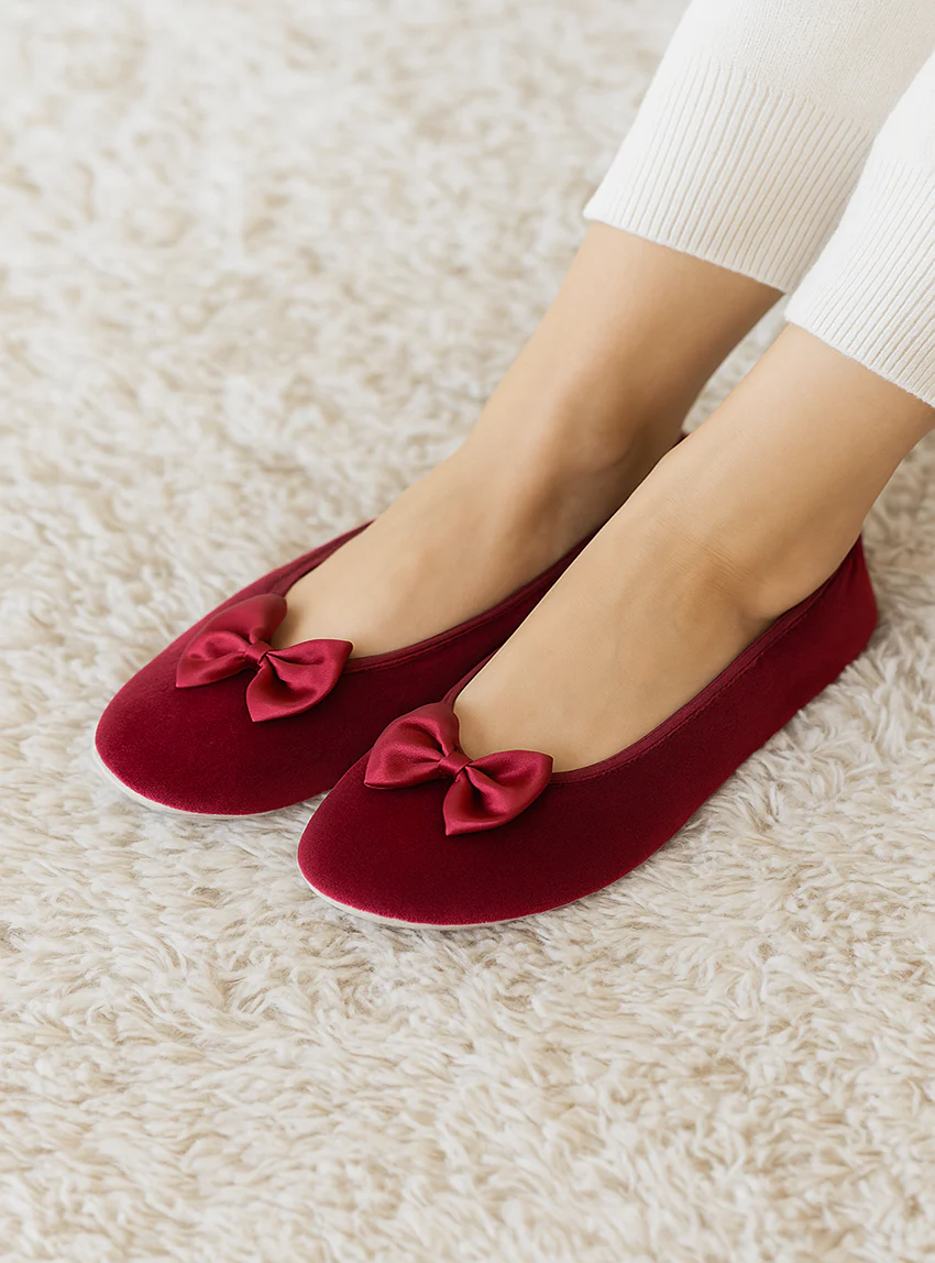 Chaussons ballerines femme en coton rouge bordeaux