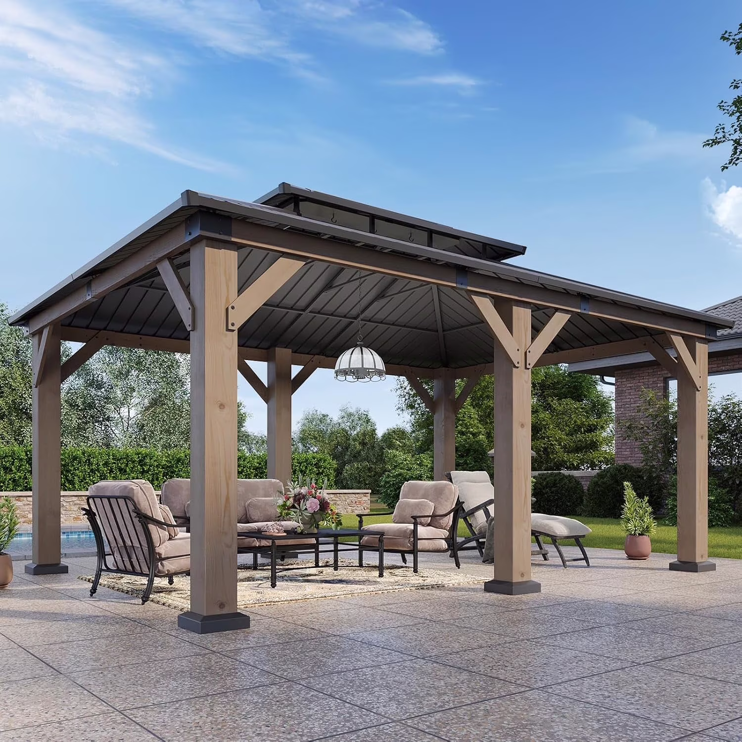 Aoxun 12' x 16' Outdoor Wood Gazebo, Hardtop Gazebo Permanent Wooden Pavilion with Galvanized Steel Double Roof, for Patio, Garden, Backyard, Cedar Wood