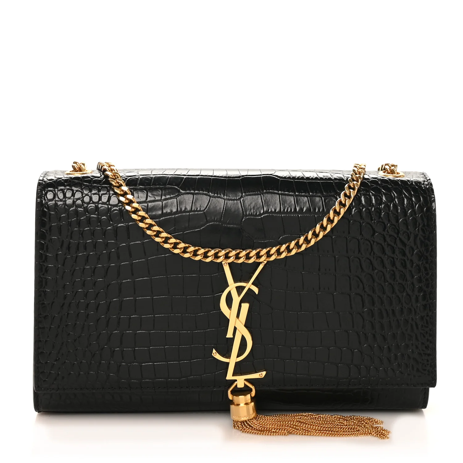 Calfskin Crocodile Embossed Medium Classic Monogram Kate Tassel Satchel Black