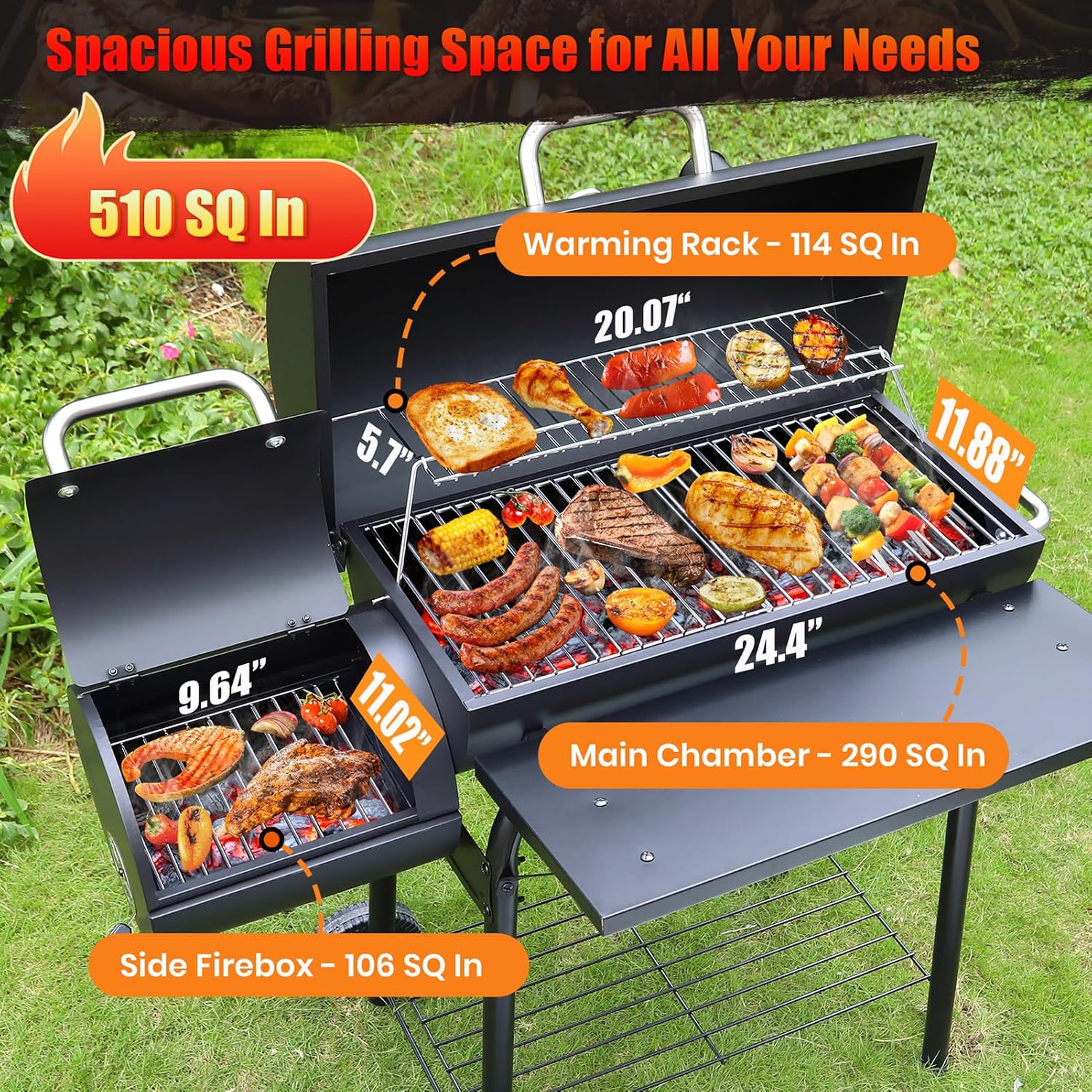 Realcook Charcoal Grills with Offset Smoker: Spacious Barrel Charcoal Grill