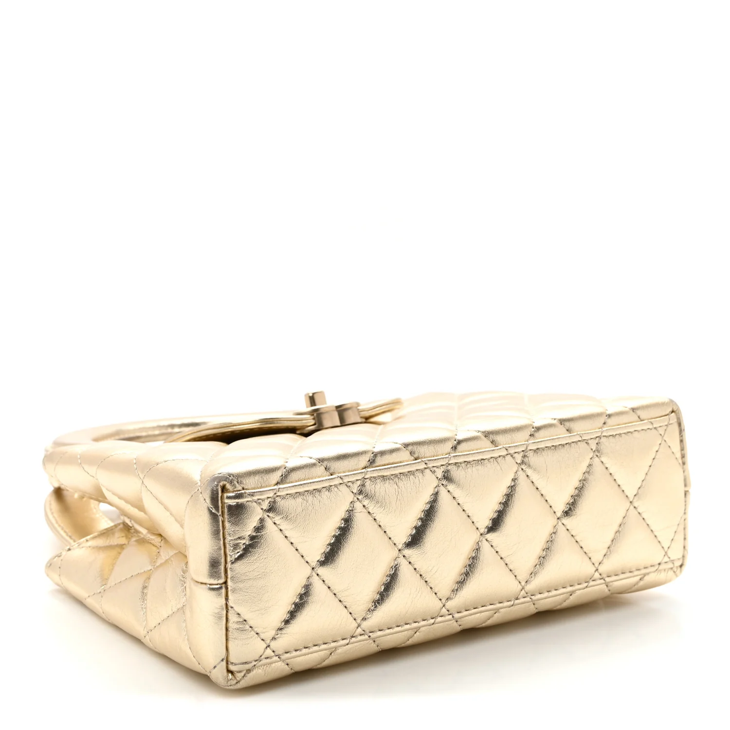 Metallic Shiny Aged Calfskin Quilted Nano Kelly Shopper Gold