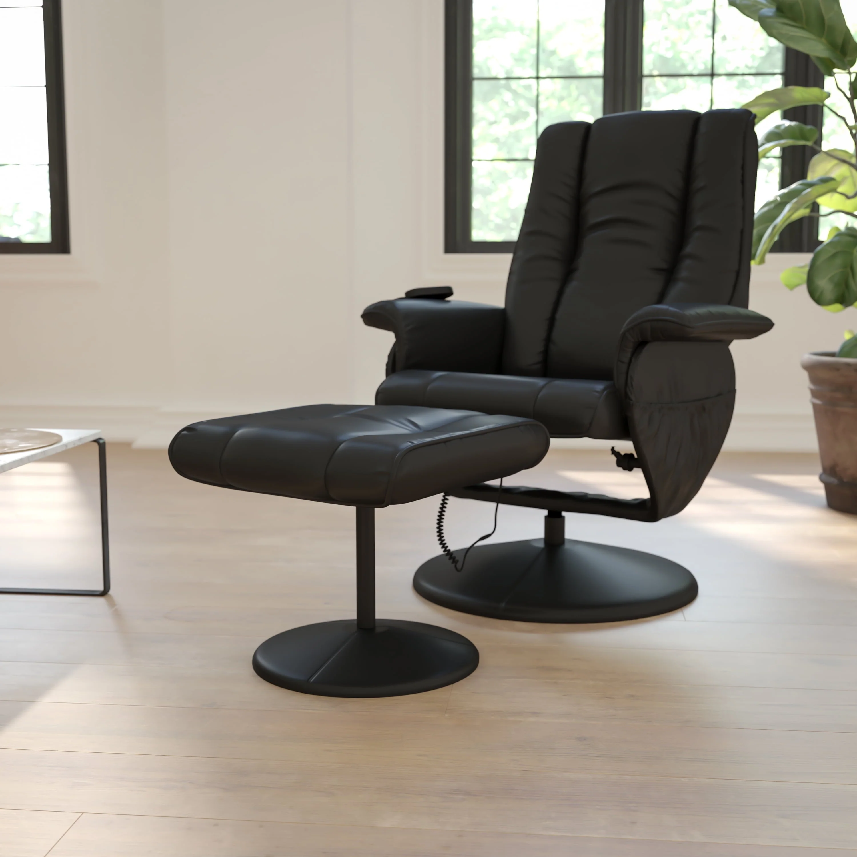 Bizchair Massaging Heat Controlled Adjustable Recliner and Ottoman with Wrapped Base in Black Leathersoft