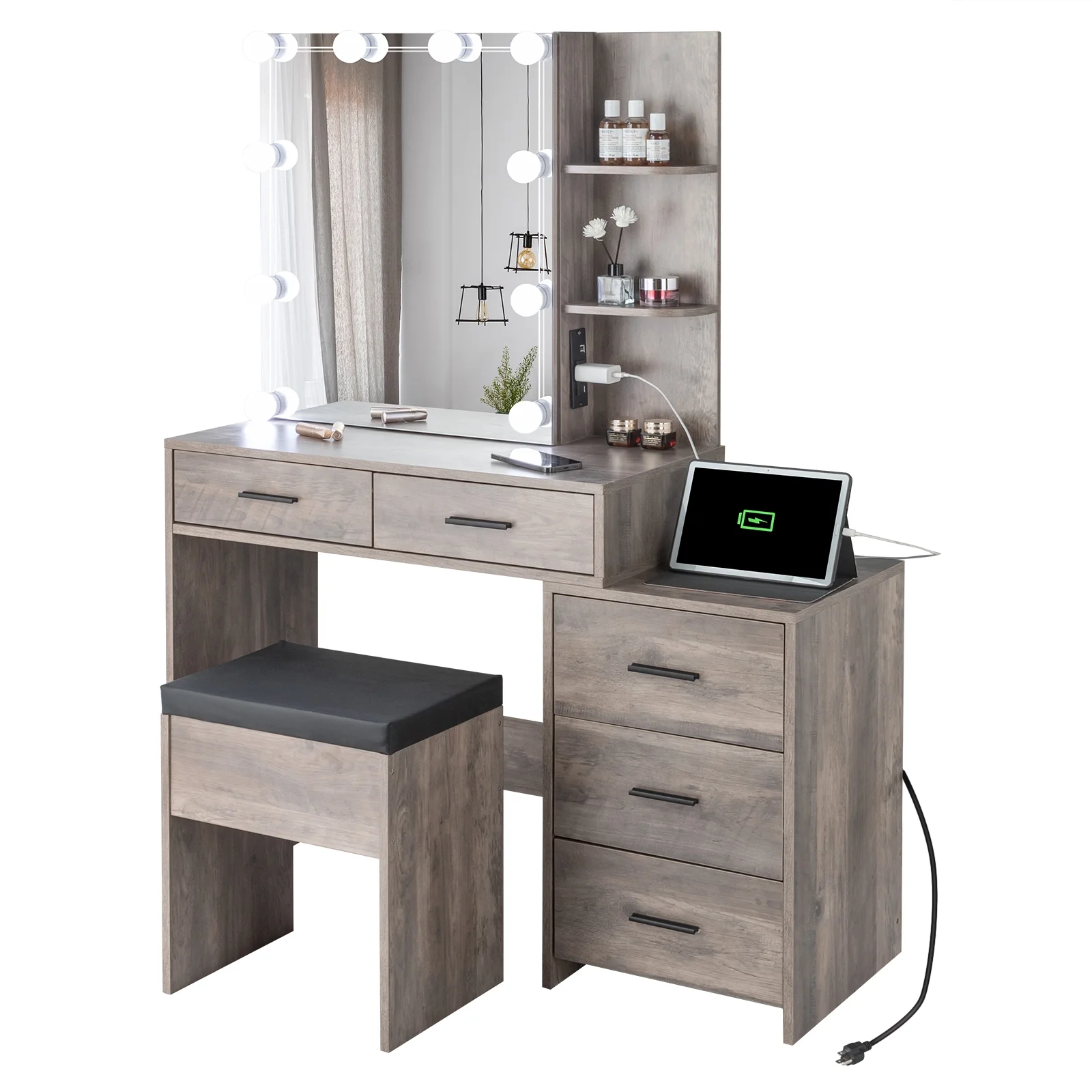 Vanity Set with 3 Color Lighted Mirror Charging Station, Makeup Table with 3 Storage Shelves Drawers, Dressing Table Makeup Desk with Stool,Retro Gray(Type1) - Image 4