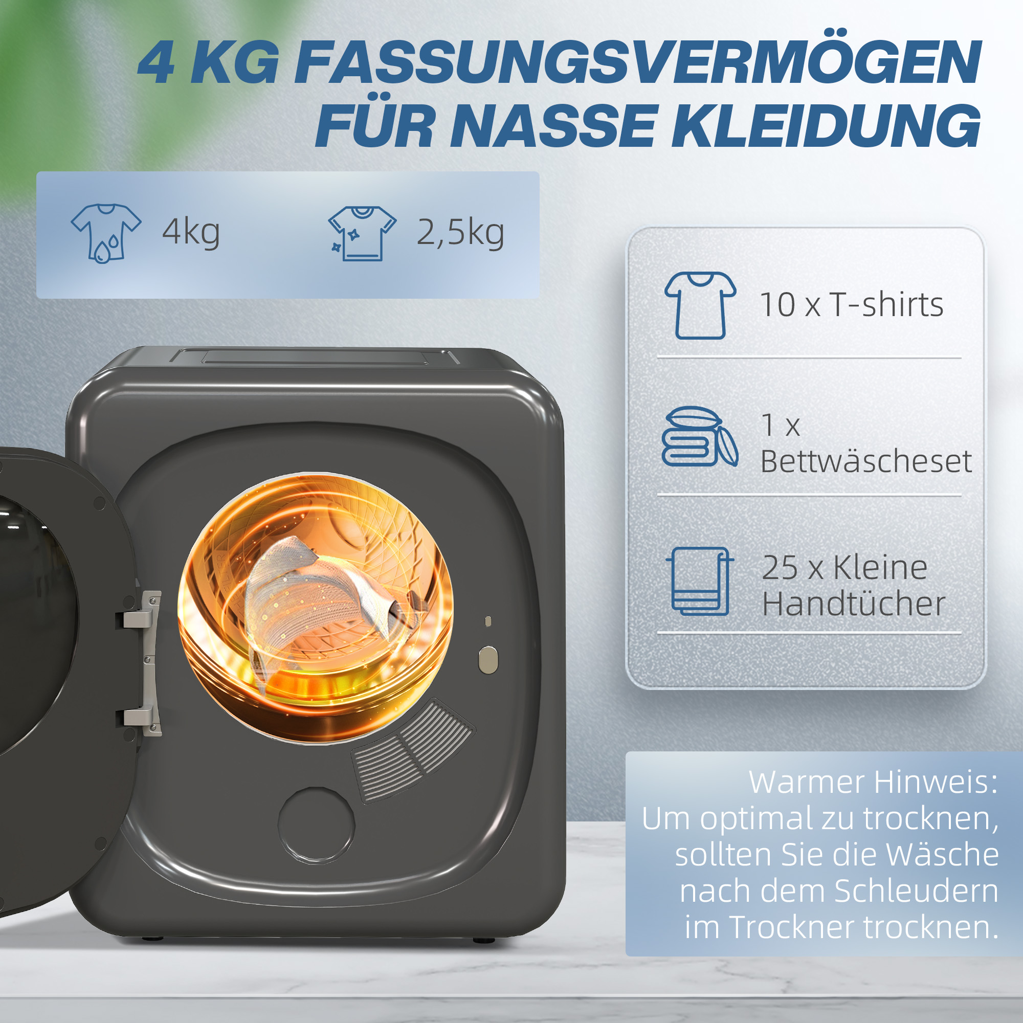 HOMCOM Wasdroger met UV-Desinfectie, Compact Ontwerp, 4 kg Capaciteit, Roestvrij Staal, Grijs