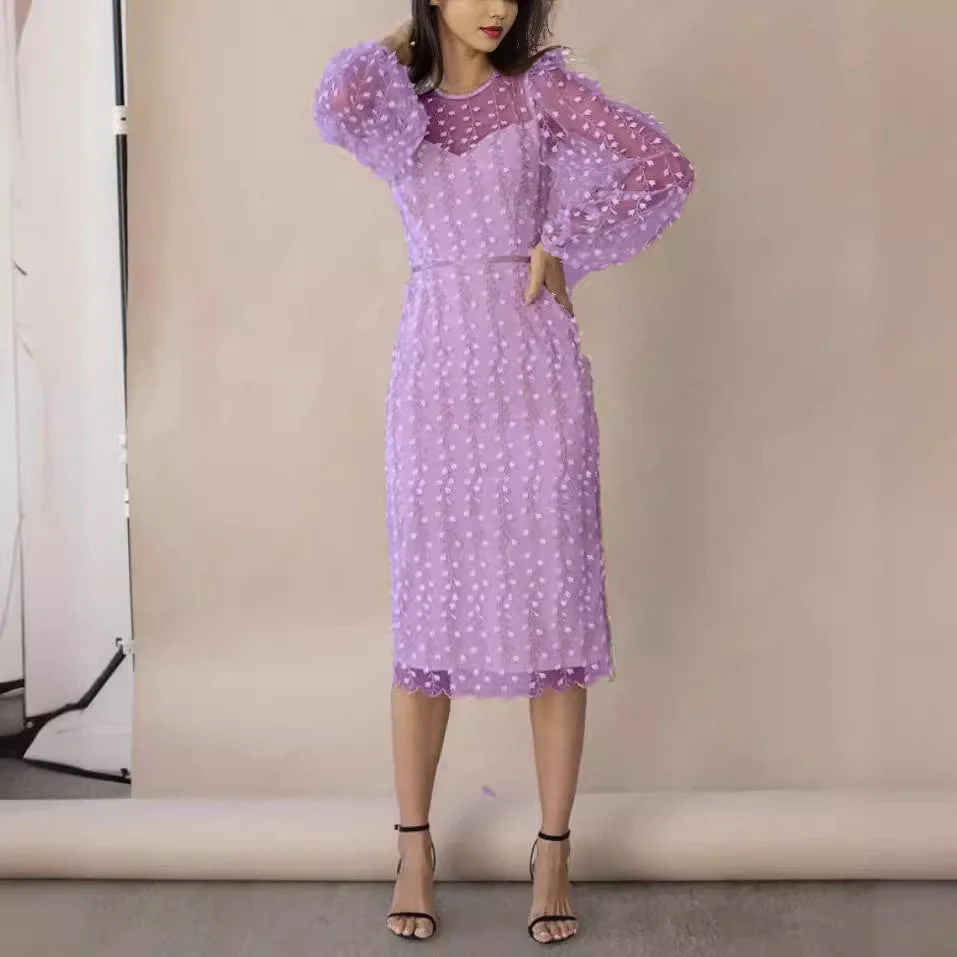 Robe à manches bouffantes en tulle brodé de fleurs pour femmes