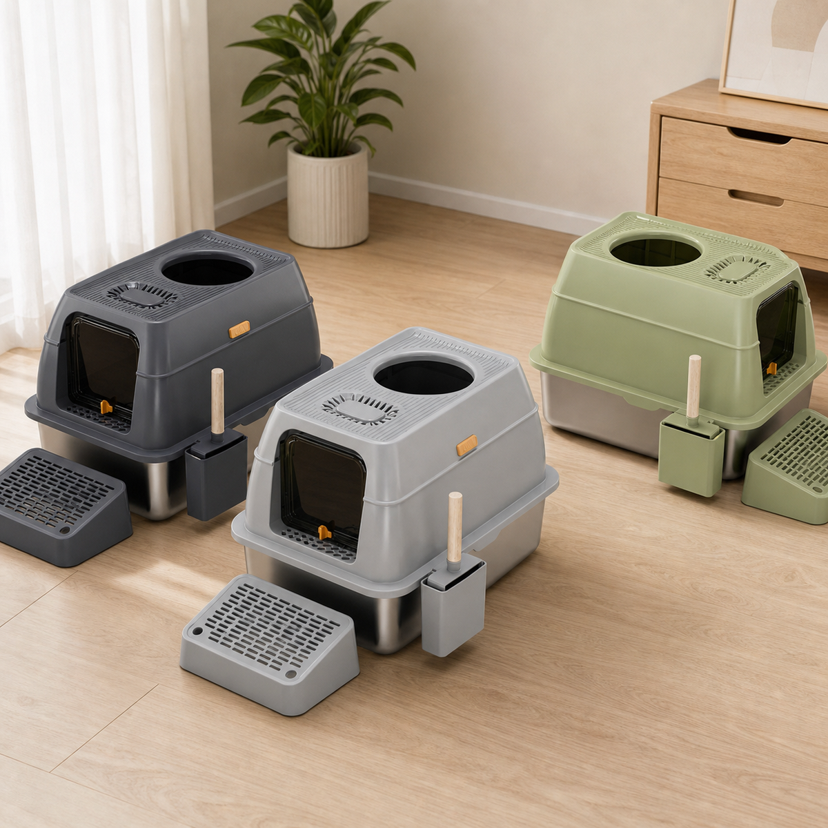 Stainless Steel ABS Combined Cat Litter Box Fully Enclosed Dual Access Design Ventilated Top Matching Litter Scoop for Home Pet
