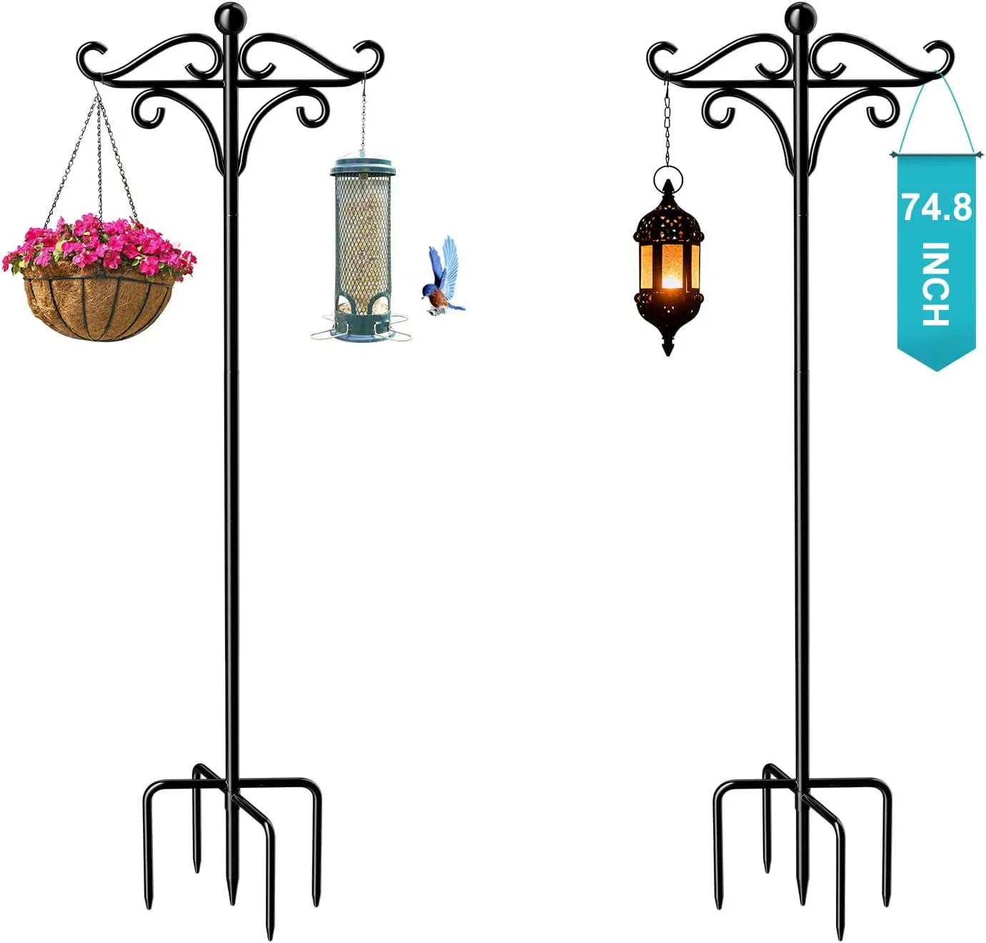 Shepherds Hooks for Outdoor, 2 Pack 75 Inch Bird Feeder Pole with 5 Prongs Base, Heavy Duty Garden Hook for Hanging Plant, Lantern, Hummingbird Feeder(2 Pack)