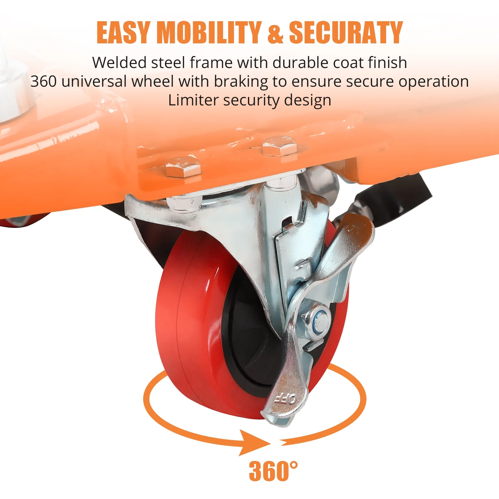 Hydraulic Lift Table Cart 770 lbs Capacity, Adjustable Up to 59" Lifting Height, Manual Double Scissor Lift Table with 4 Wheels 3mm Non-Slip Pads for Safe Material Handling Transport, Orange - Image 5
