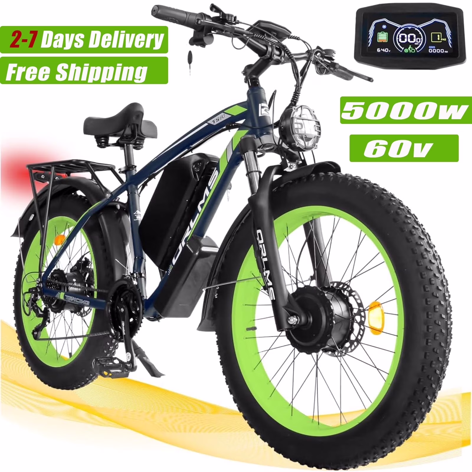 5000w Peak Dual Motor Electric Bike, 26" Fat Tire 21 Speed 45 MPH Commuter Mtb, 60V 25AH Front Suspension Ebike(Black Green)