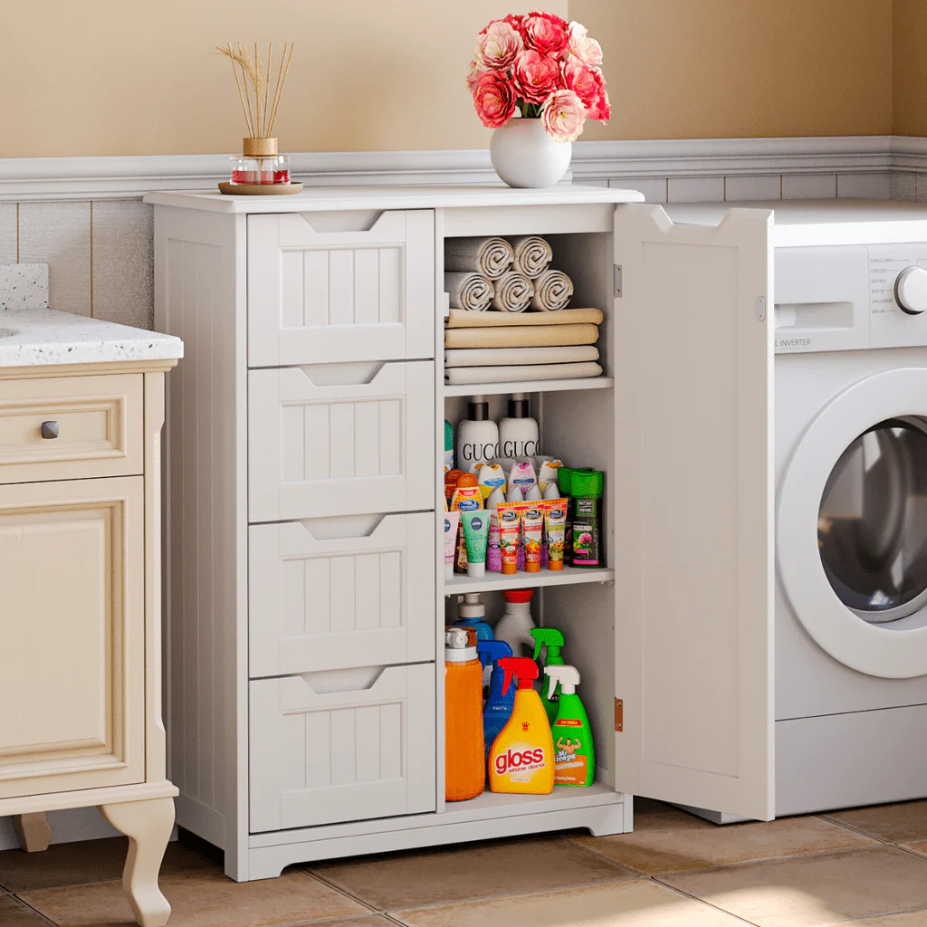 33 5 "H Wooden Bathroom Floor Cabinet with 4 Drawers and 1 Door for Bathroom, Kitchen, Bedroom White Image 5
