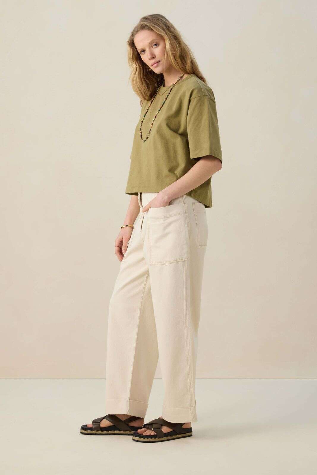 Beige mid waist workwear broek